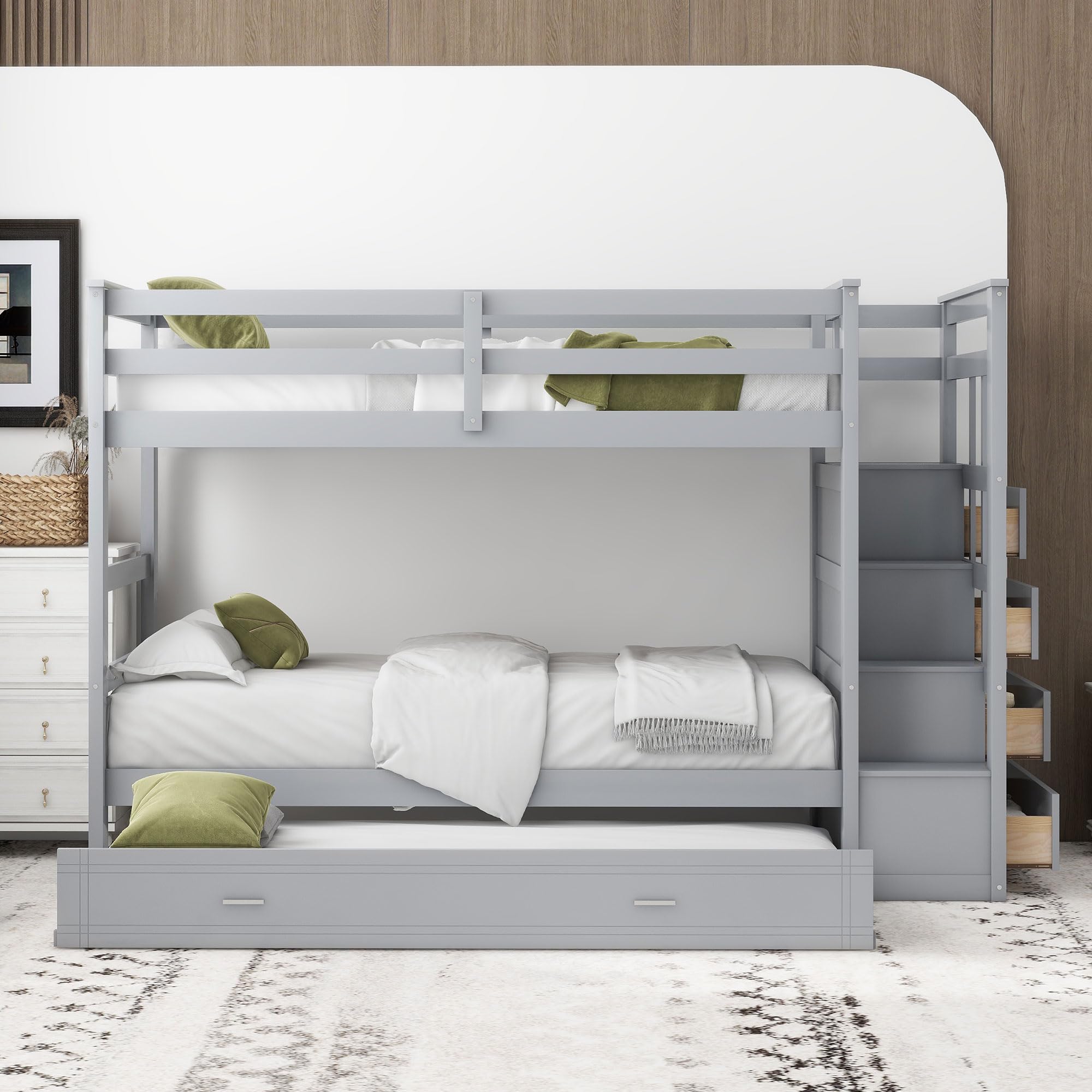 Harper & Bright Designs Twin Over Twin Wooden Bunk Beds with Trundle & Storage Drawers - Staircase Bunk Bed Frame with High Safety Guardrail for Kids, Teens & Adults (Grey) - Perfect for Small Bedrooms, Guest Rooms & Vacation Homes