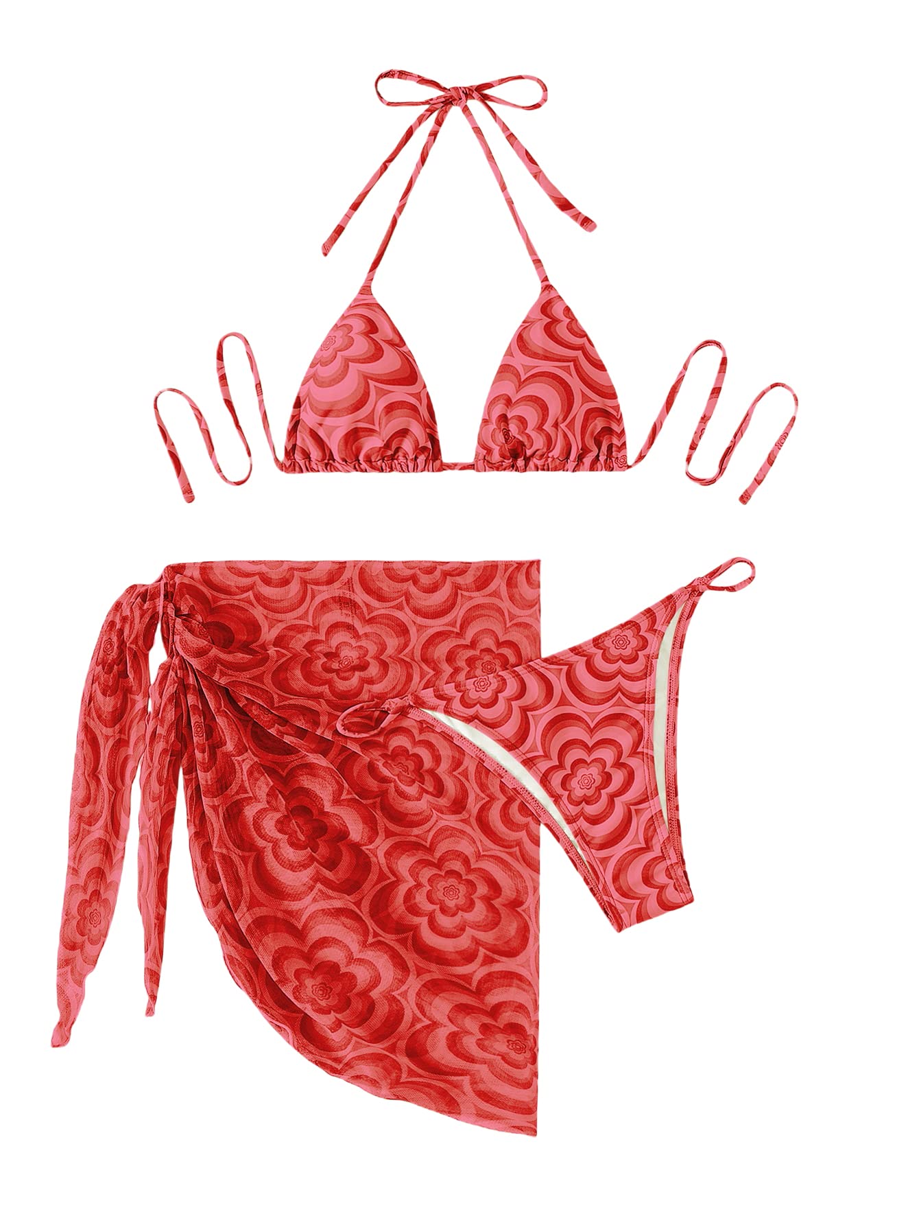 MakeMeChic Women's 3-Piece Floral Print Halter Triangle Bikini Set with Cover-Up Skirt - Sexy Swimwear for Beach, Pool, Vacation & Summer Outfits