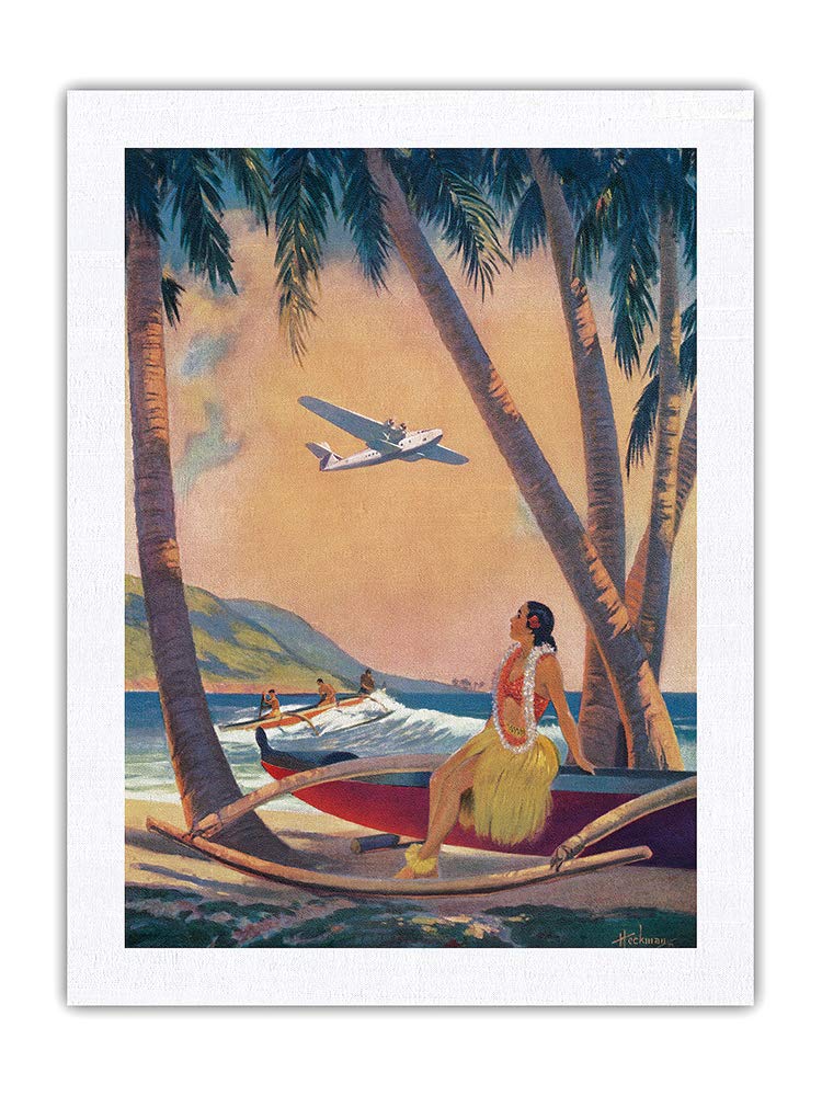 Vintage Hawaiian Hula Girl & Outrigger Canoe Silk Fabric Print - Pacifica Island Art by Frederick Heckman c.1941 - 100% Pure Silk Dupioni 24x32in - Perfect for Home Decor, Wall Art, and Hawaiian Theme Parties