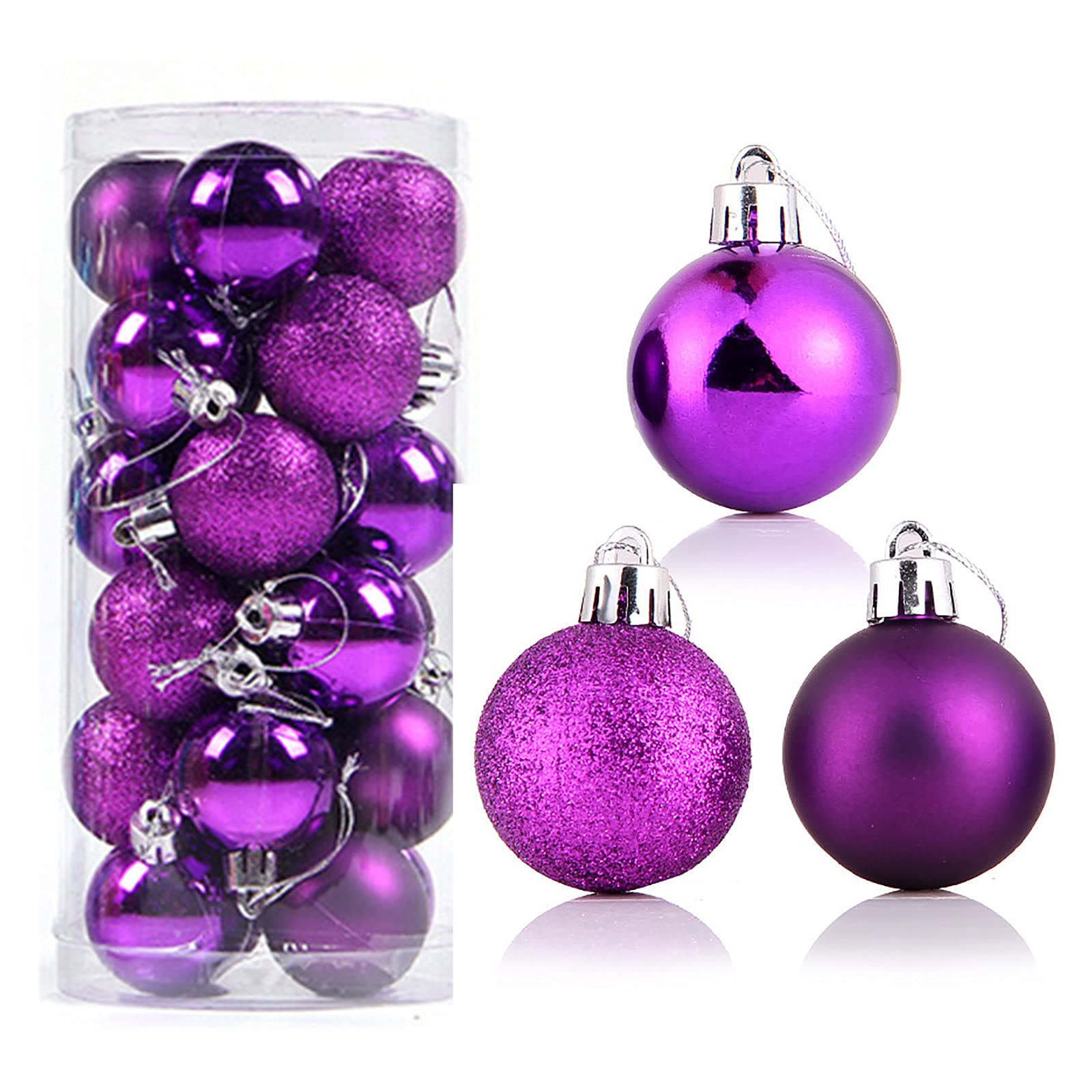 24-Pack Shatterproof Purple Christmas Ball Ornaments - 4cm Holiday Baubles with Hanging Loop for Xmas Tree Decorations, Wedding & Party (3 Styles) | Perfect for Indoor/Outdoor Holiday Decor, Gift Wrapping & Festive Centerpieces