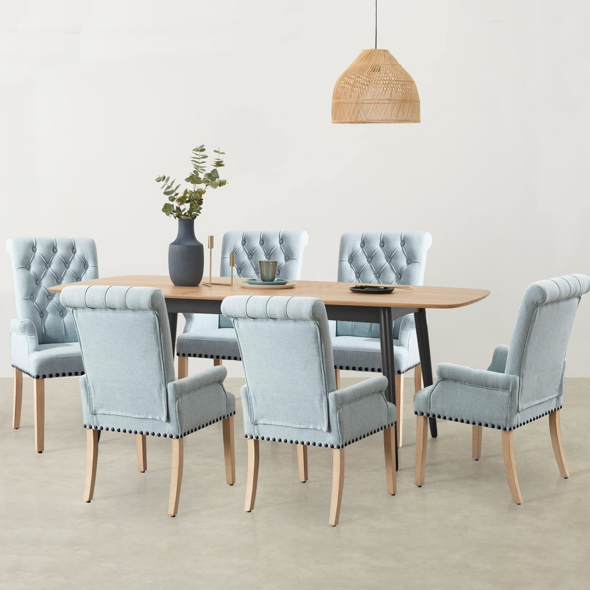 Luxury Fabric Dining Chairs - Upholstered Tufted Armrest Accent Chairs with Nailhead Trim & Solid Wood Legs - Elegant Blue Home Decor for Dining Room, Kitchen & Living Room - Perfect for Family Gatherings & Dinner Parties