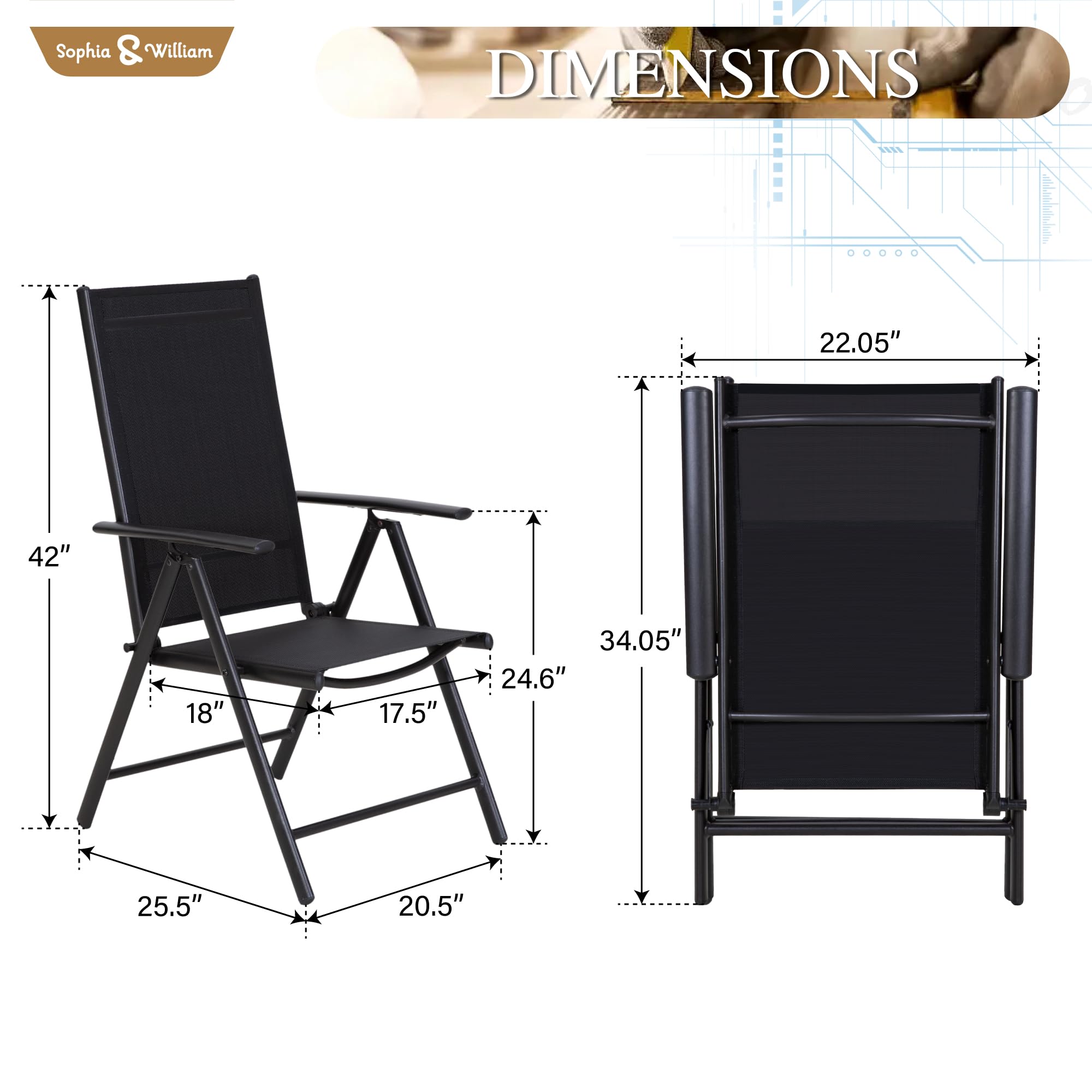 Sophia & William 4-Pack Outdoor Folding Chairs - Adjustable 7-Level Backrest, Lightweight Portable Textilene Patio Dining Chairs (Black) - Perfect for Backyard BBQs, Beach Trips, Camping & Picnics