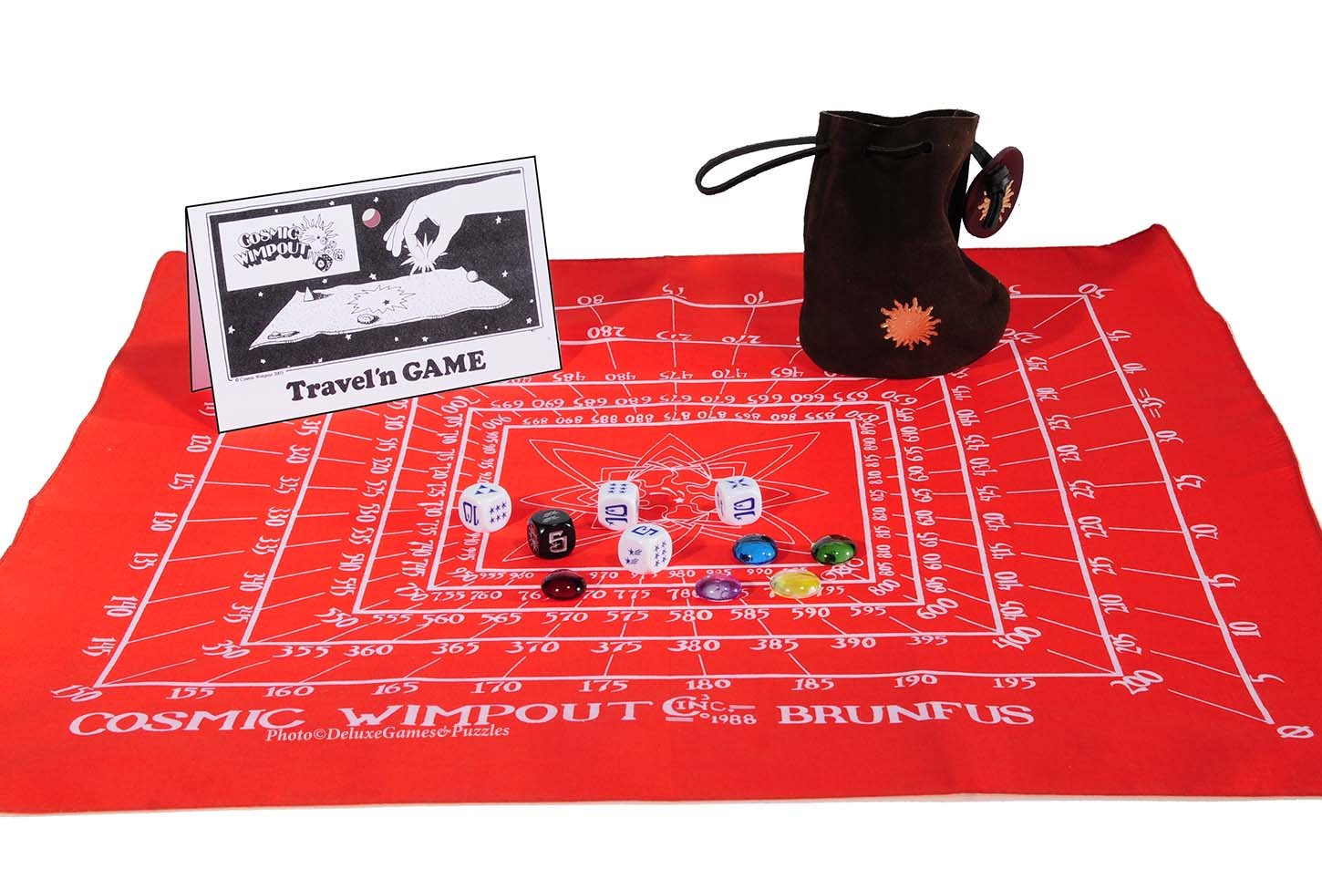 Cosmic Wimpout Deluxe Travel Dice Game Set with Red Cloth Scoreboard & 5 Glass Gemstones - Perfect for Road Trips, Camping & Family Game Nights