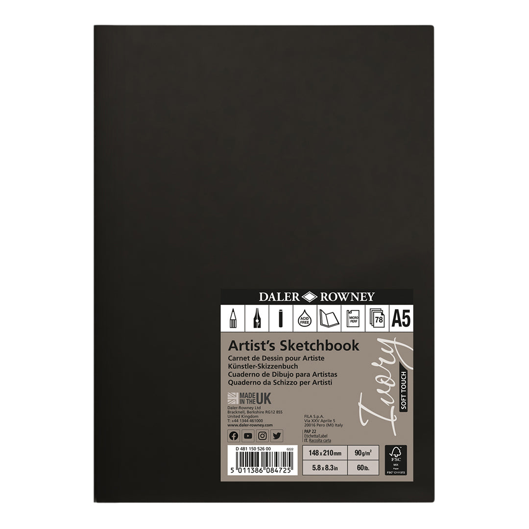 Daler Rowney Ivory Soft Touch Softbound Sketchbook A5 Portrait 90GSM 78 Sheets - Perfect for Artists, Students & Sketching On The Go