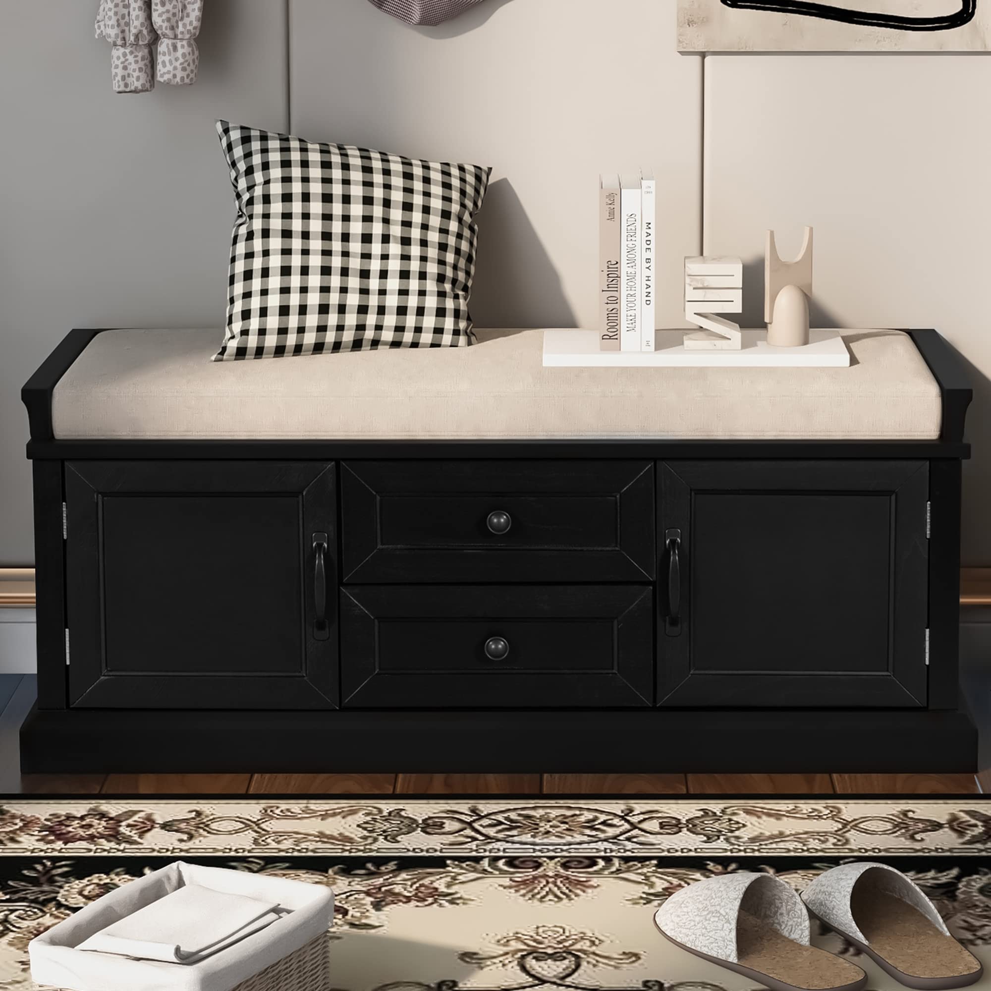 Merax 2-Drawer & 2-Cabinet Storage Bench with Removable Cushion - Entryway Shoe Bench for Living Room, Bedroom & Hallway Organization (Black) - Perfect for Small Space Storage & Shoe Rack Solution