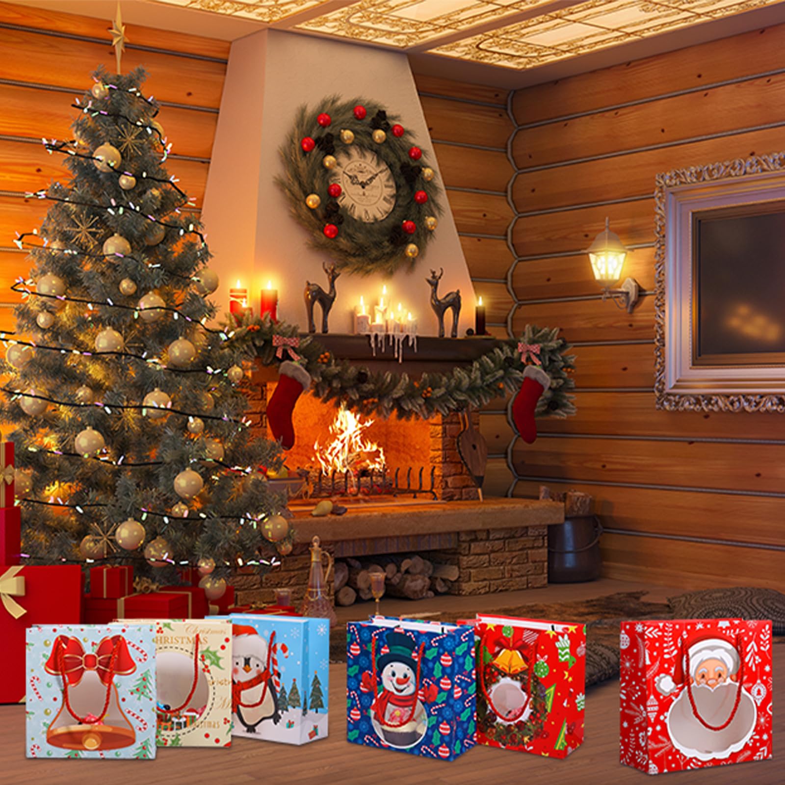 24 Pcs Christmas Gift Bags with Clear Window - 7.9x7.9x3.5 Inch Holiday Treat Bags - 6 Festive Designs for Cookies, Candies & Party Favors - Perfect for Xmas Gifting, Cookie Exchanges & Holiday Parties