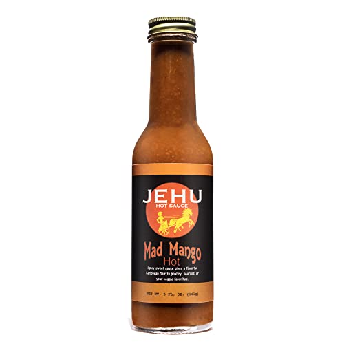 JEHU Mad Mango Hot Sauce - Spicy Chili Pepper & Habanero Pepper Sauce - Sweet & Tangy Caribbean Flavor - All Natural Gluten Free Gourmet Hot Sauce - USA Made 5oz Bottle - Perfect for Tacos, Wings, Seafood & BBQ Dishes