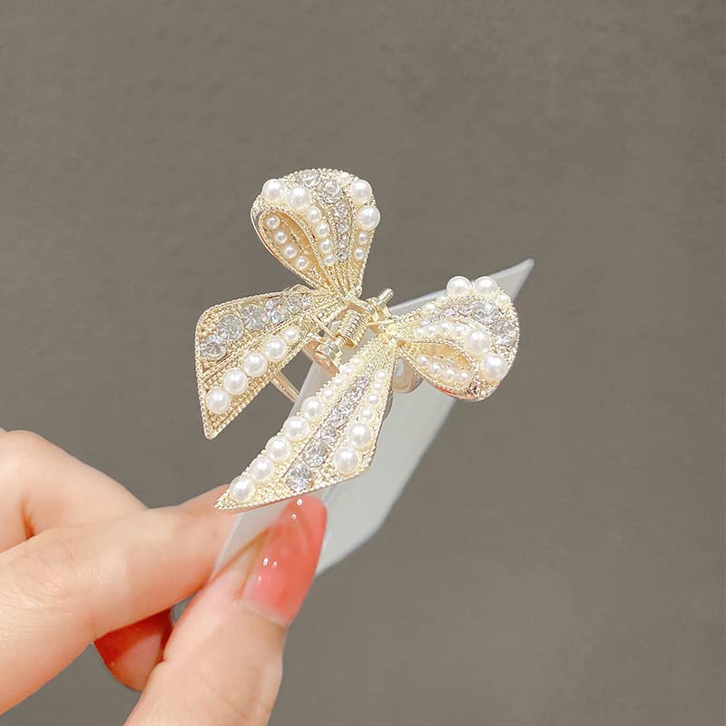 Pearl Hair Claw Clip for Women & Girls - Non-Slip Bowknot Crystal Hair Clips with Pearl Accents - Perfect for Thin Hair & Everyday Hairstyles - Ideal for Work, Parties, Weddings & Casual Outings