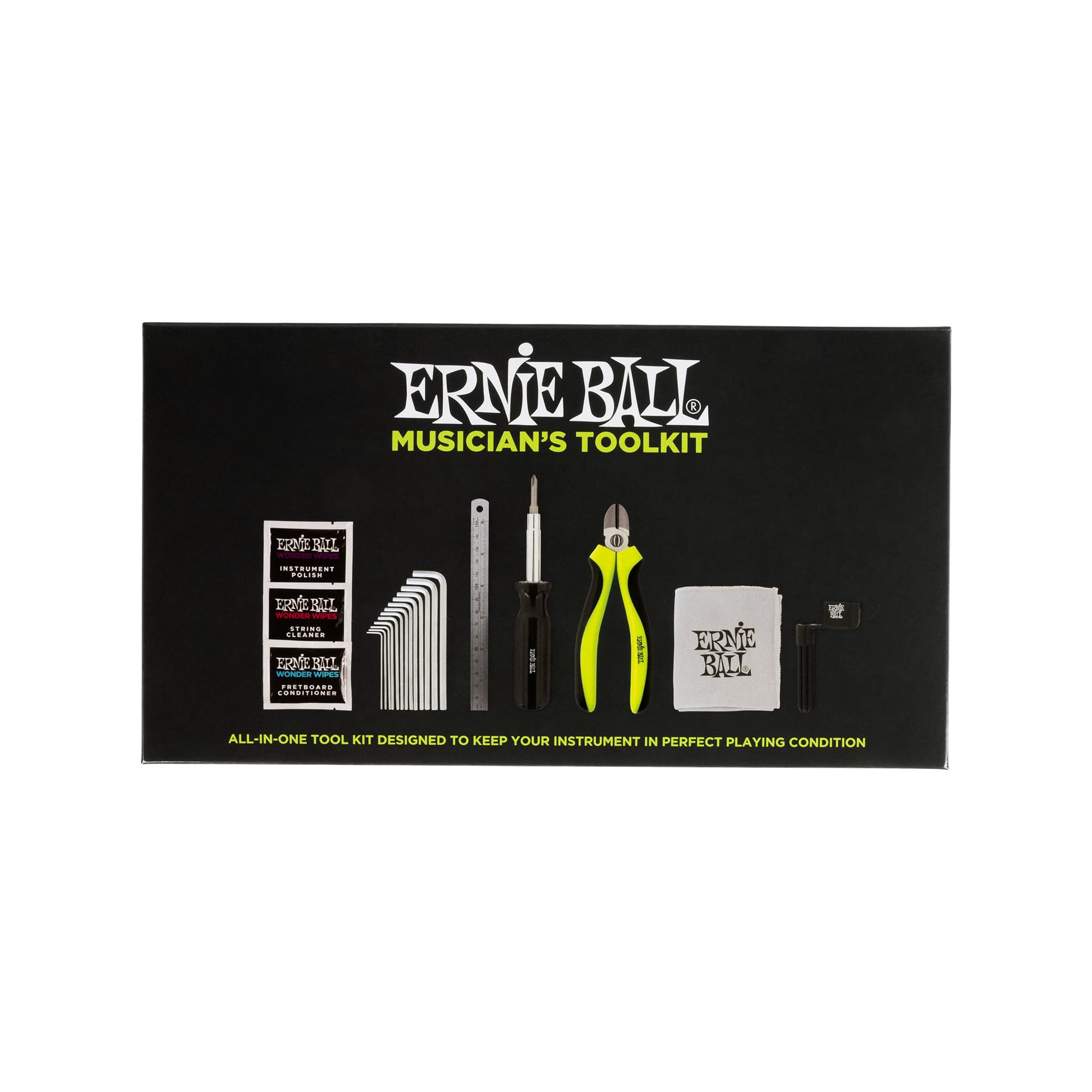 Ernie Ball Musician's Tool Kit (P04114) Black - Essential Guitar Maintenance Tools for Musicians - Perfect for Guitar String Changing, Cleaning, and Setup at Home or Studio