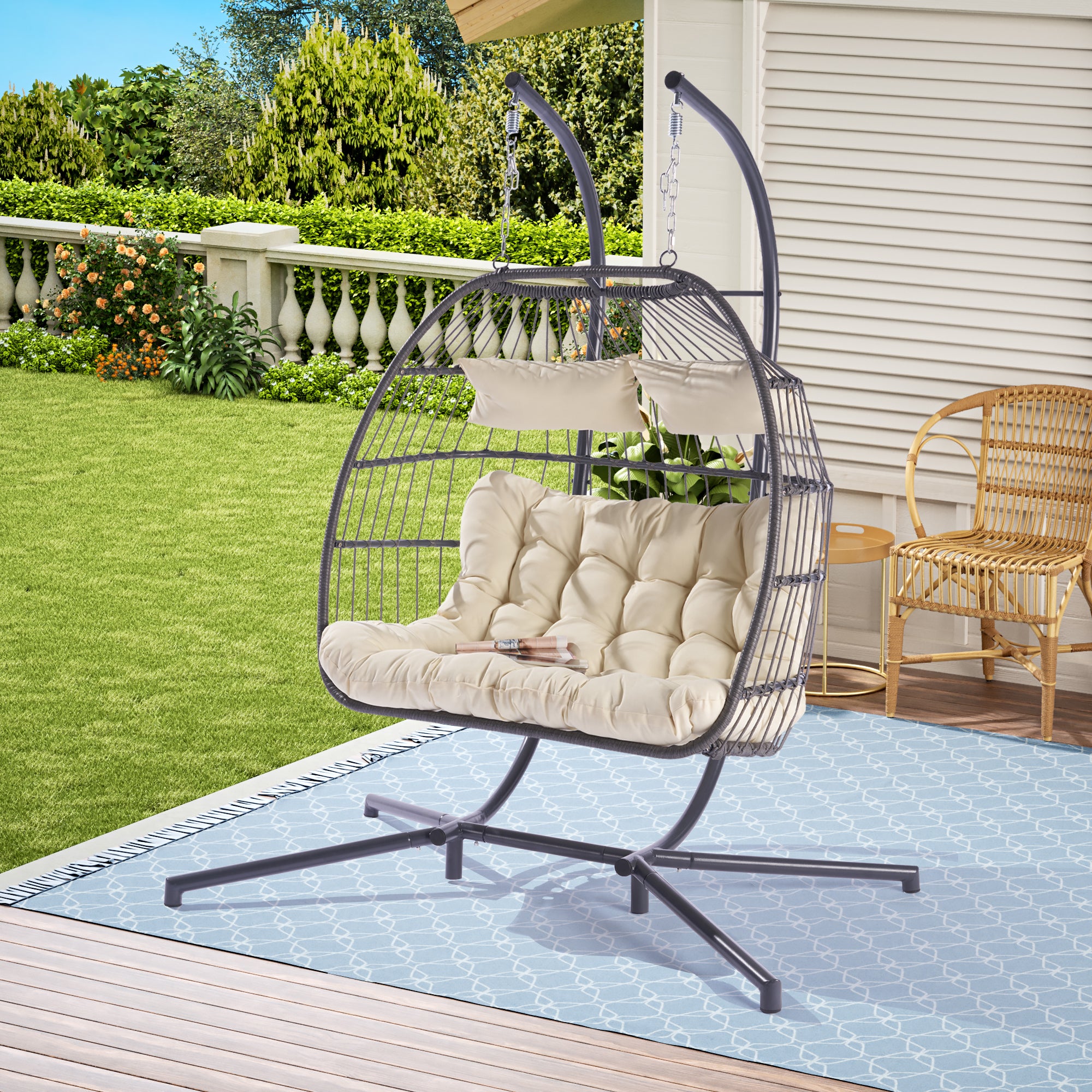 2 Person Outdoor Rattan Hanging Chair - Patio Wicker Egg Chair for Backyard, Garden, or Balcony Relaxation