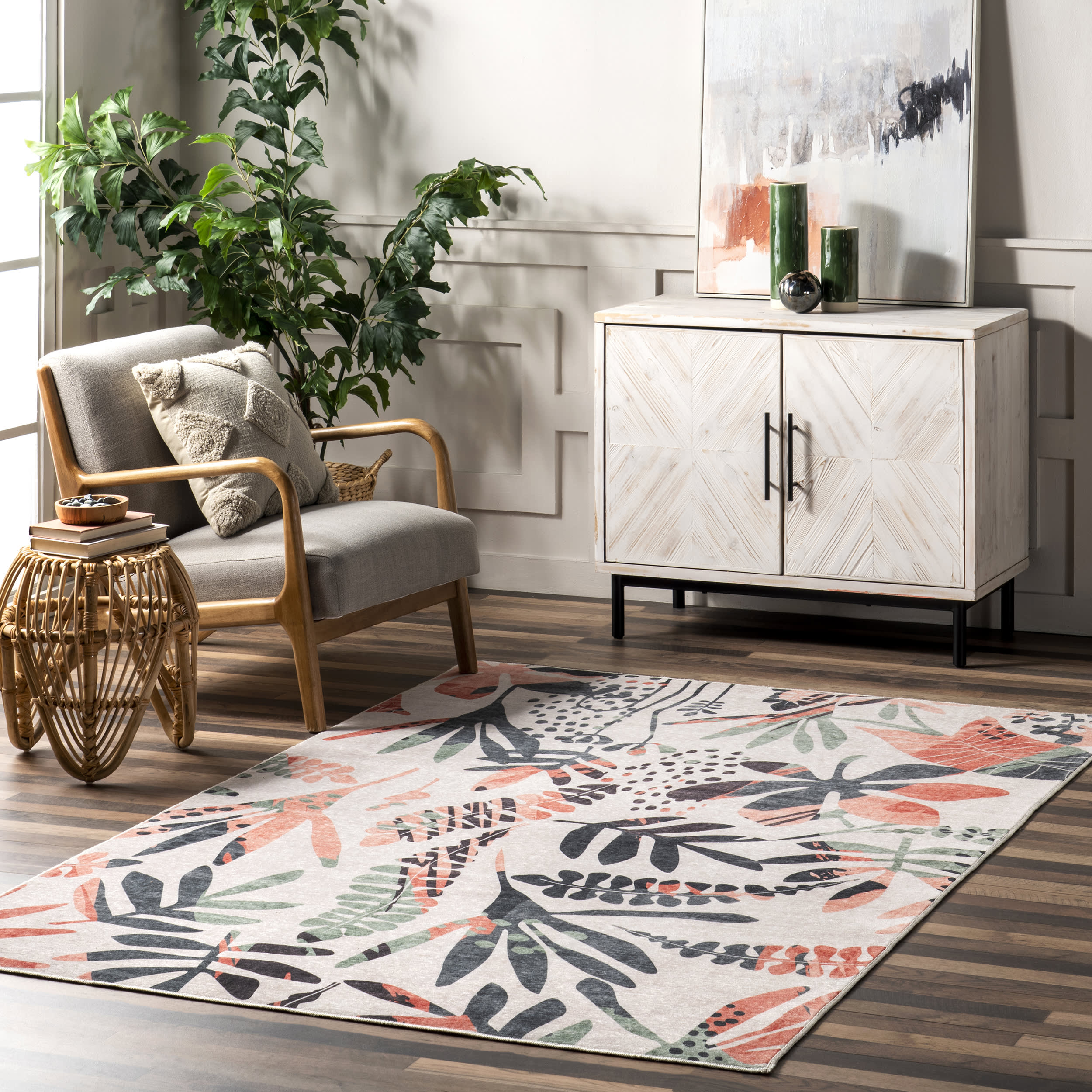 Breanna Leafy Washable Indoor/Outdoor Rug - Colorful Bohemian Style Area Rug for Living Room, Bedroom, Patio & Deck | Non-Slip, Durable & Easy to Clean