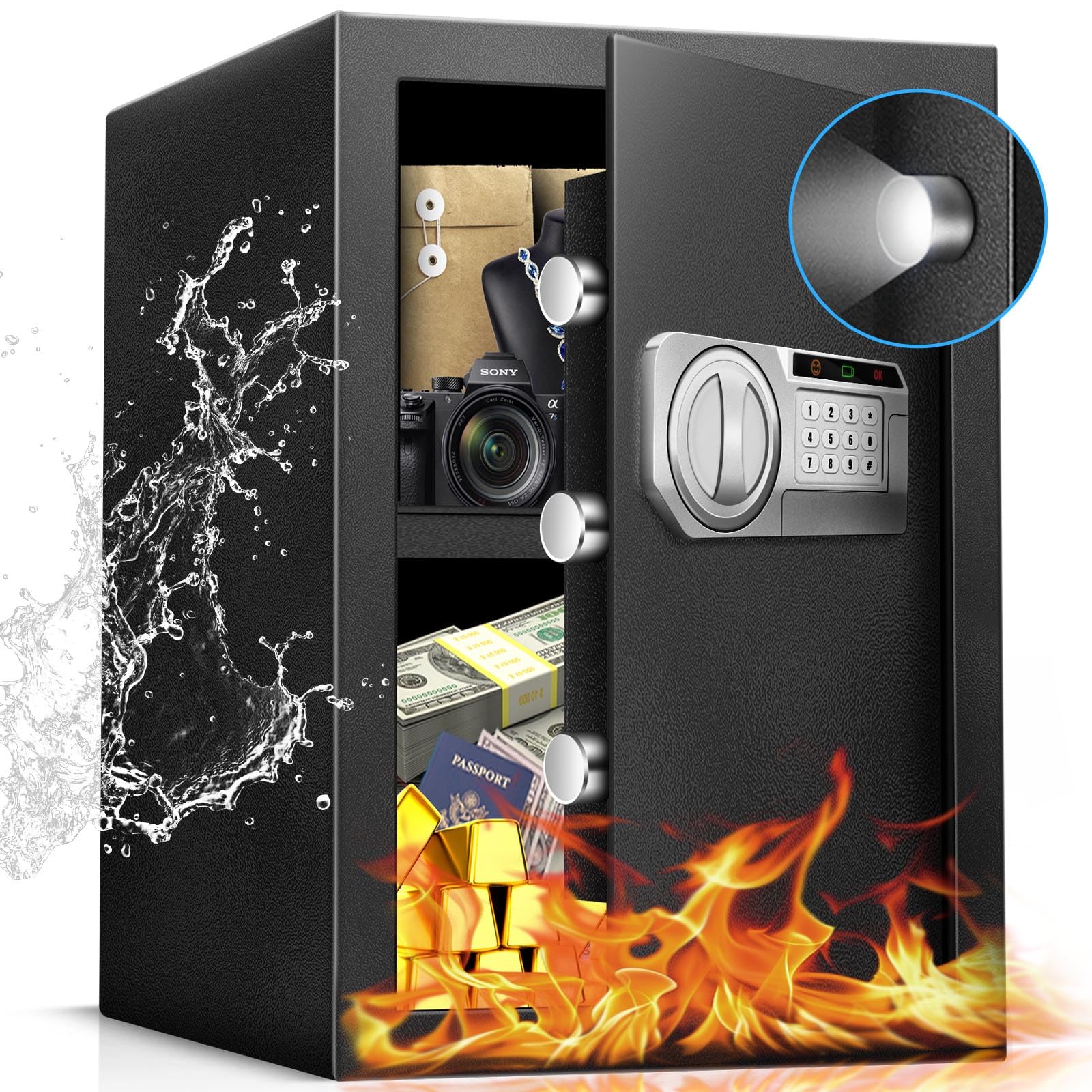 2.5 Cu Ft Steel Electronic Digital Safe Box with LED Sensor Light & External Power - Home & Office Security for Documents, Money, Jewelry & Valuables - Ideal for Bedroom, Closet & Business Use