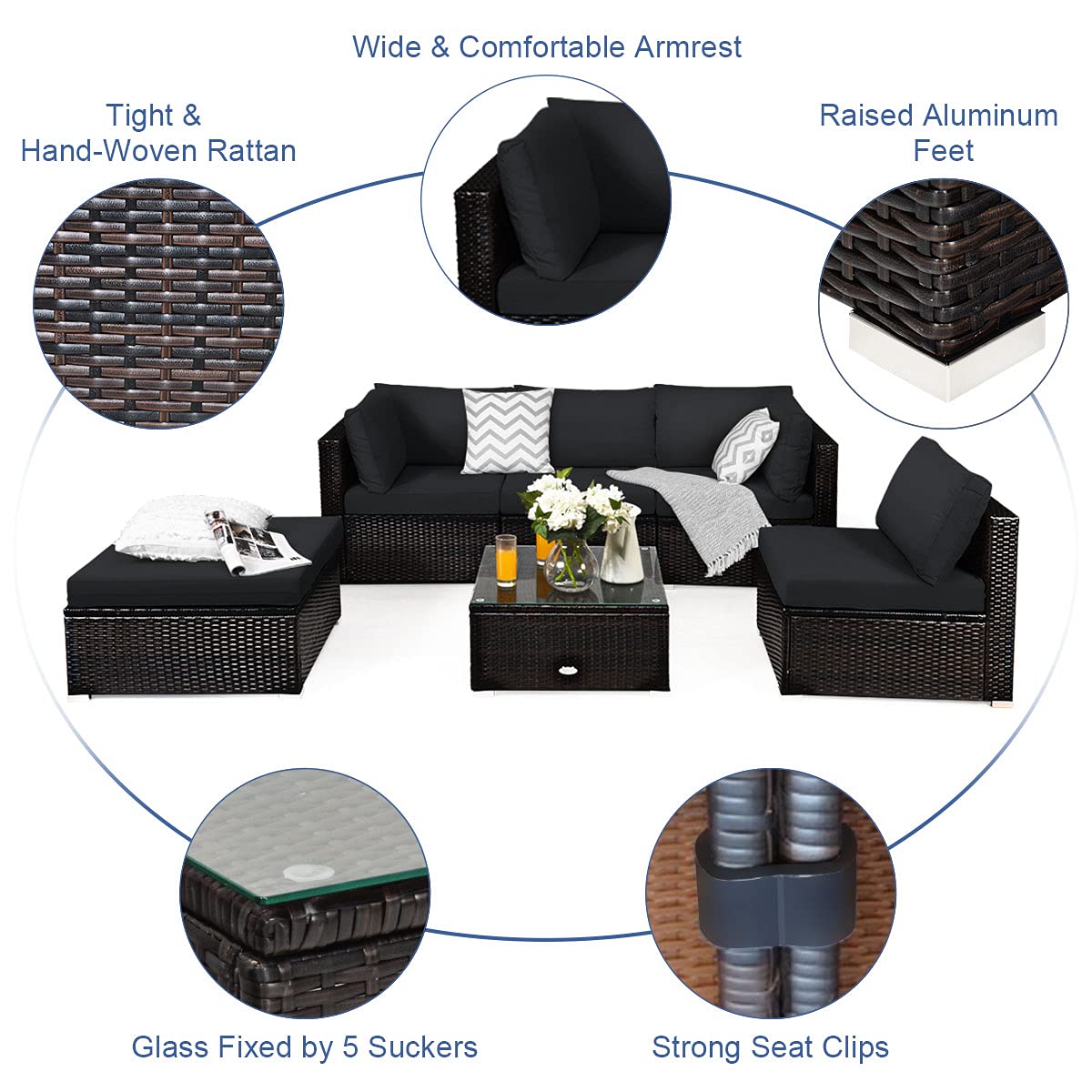 Tangkula 6-Piece Outdoor Patio Furniture Set - Durable Steel Frame PE Rattan Wicker Sectional Sofa with Coffee Table for Deck, Lawn & Backyard (Black) | Perfect for Garden Parties, Poolside Relaxation & Outdoor Entertaining