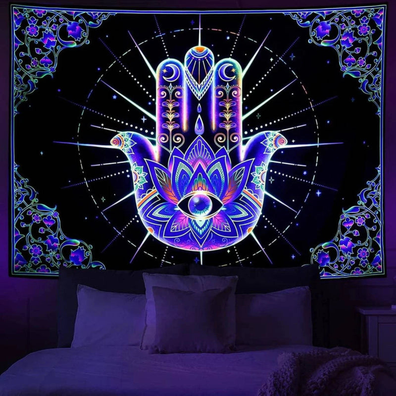 Cosmic Hamsa Official Glow in the Dark UV Tapestry - Spiritual Wall Art Decor for Bedroom, Yoga Studio & Meditation Space