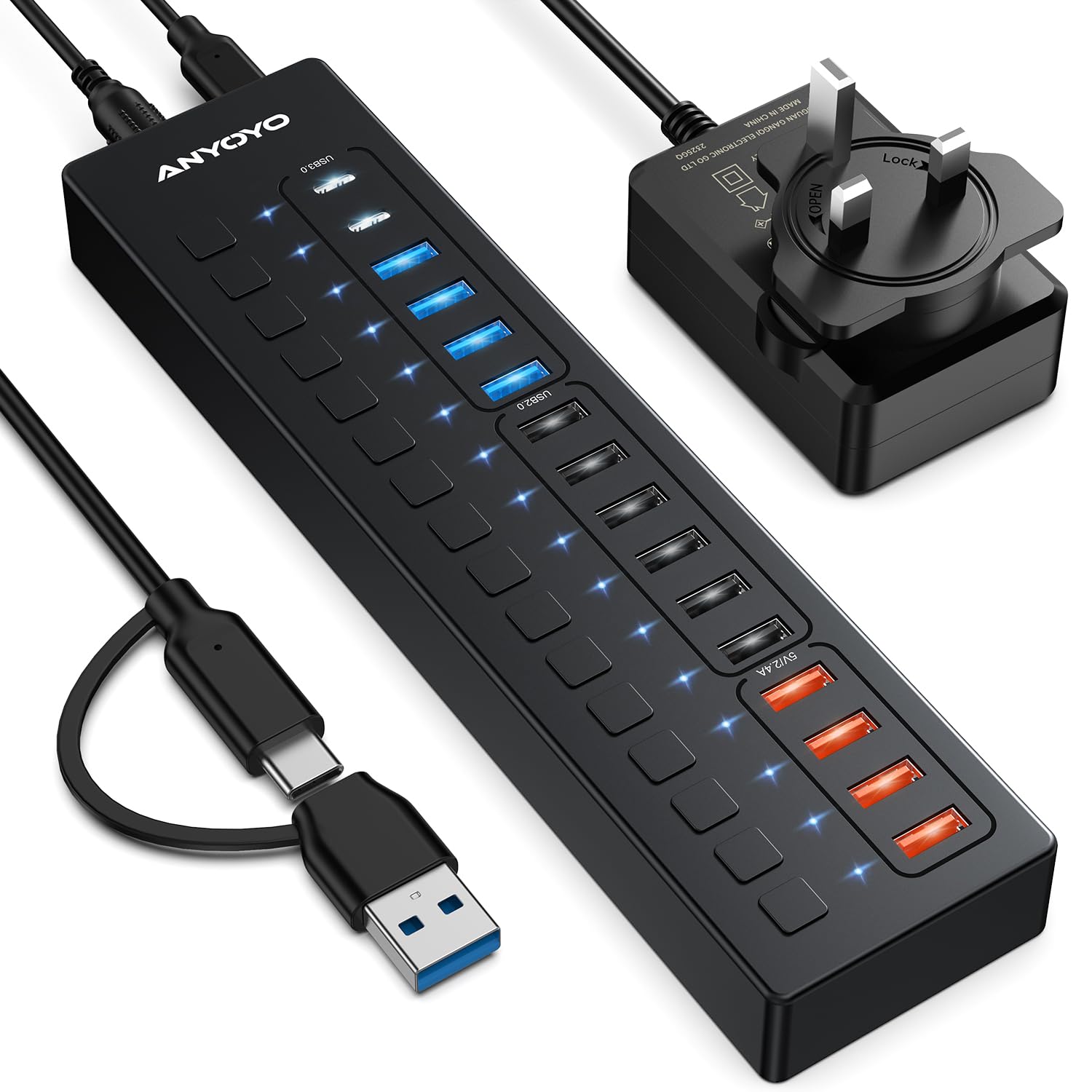 16-Port USB Hub with Power Adapter - ANYOYO USB 3.0 Splitter (4x USB-A 3.0, 2x USB-C 3.0, 4x Smart Charging Ports, 6x USB-A 2.0) - Individual Port Switches & 20V/3A UK Power Supply for Laptops, PCs, Phones, Tablets - Perfect for Home Office, Gaming Setup & Multi-Device Charging Station