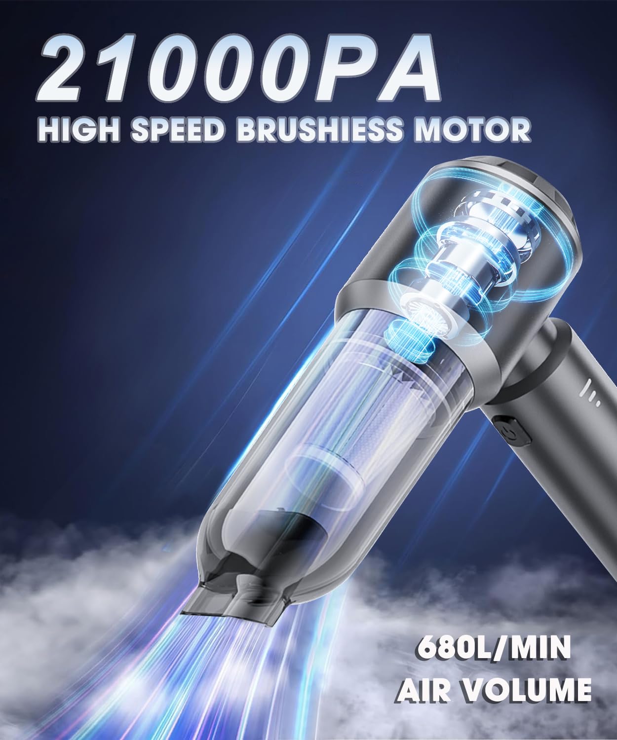 4-in-1 Cordless Handheld Vacuum Cleaner - 21000PA High Power Brushless Car Vacuum with LED Display | Portable Air Duster for Car Interior, Home Cleaning & Pet Hair Removal | Ideal for Vehicles, Furniture & Tight Spaces