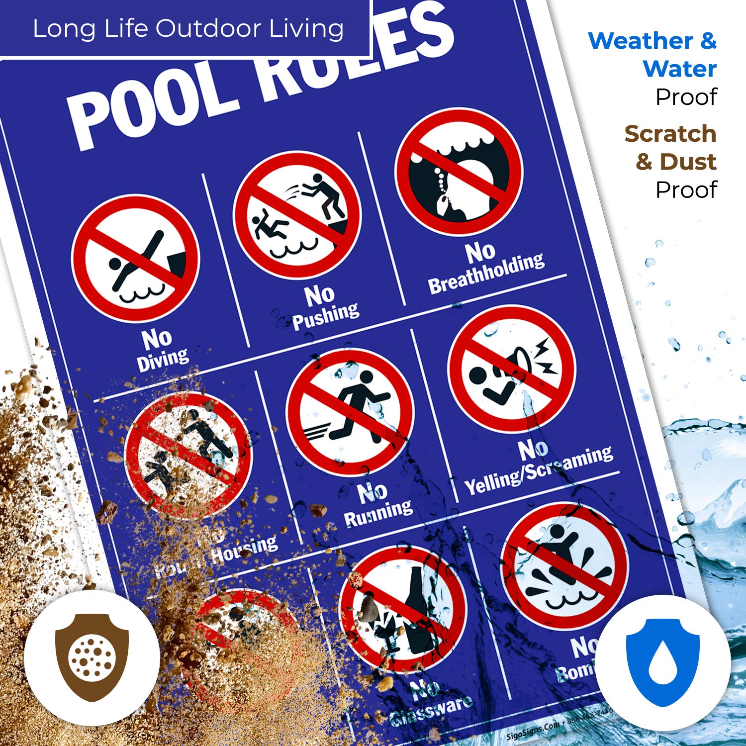 Pool Rules Sign by Sigo - No Diving, No Pushing, No Running, No Peeing in Pool - 10x14 Inches, 55 mil Thick HDPS (High Density Polystyrene), Made in USA - Perfect for Public Pools, Water Parks & Backyard Swimming Pools