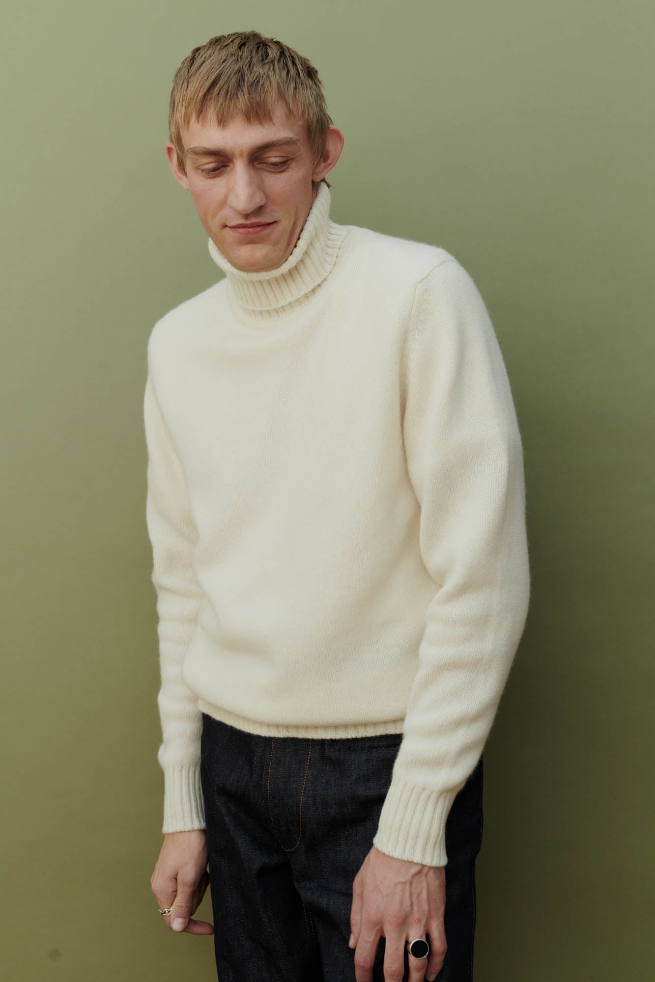 Men's Lambswool Roll Neck Sweater in Ecru - Warm Winter Pullover for Casual Outfits & Office Wear