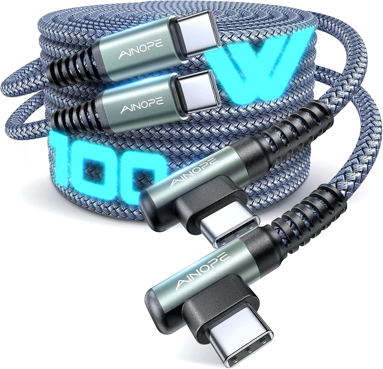 AINOPE 100W USB C to USB C Cable, PD 3.0 Fast Charging Cord with Durable Nylon Braid - Compatible with Samsung Galaxy S25/S24/S23, iPhone 16 Pro Max/15, iPad Pro/Air/Mini, MacBook, Google Pixel - 2 Pack (2M+2M, Gray) - Perfect for Home, Office & Travel Charging