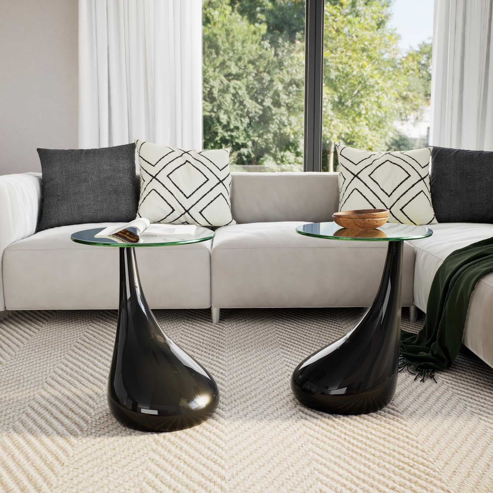 Modern Black Round Coffee Table Set with Glass Top - 2-Piece Small Coffee Table for Living Room or Bedroom, 16.5