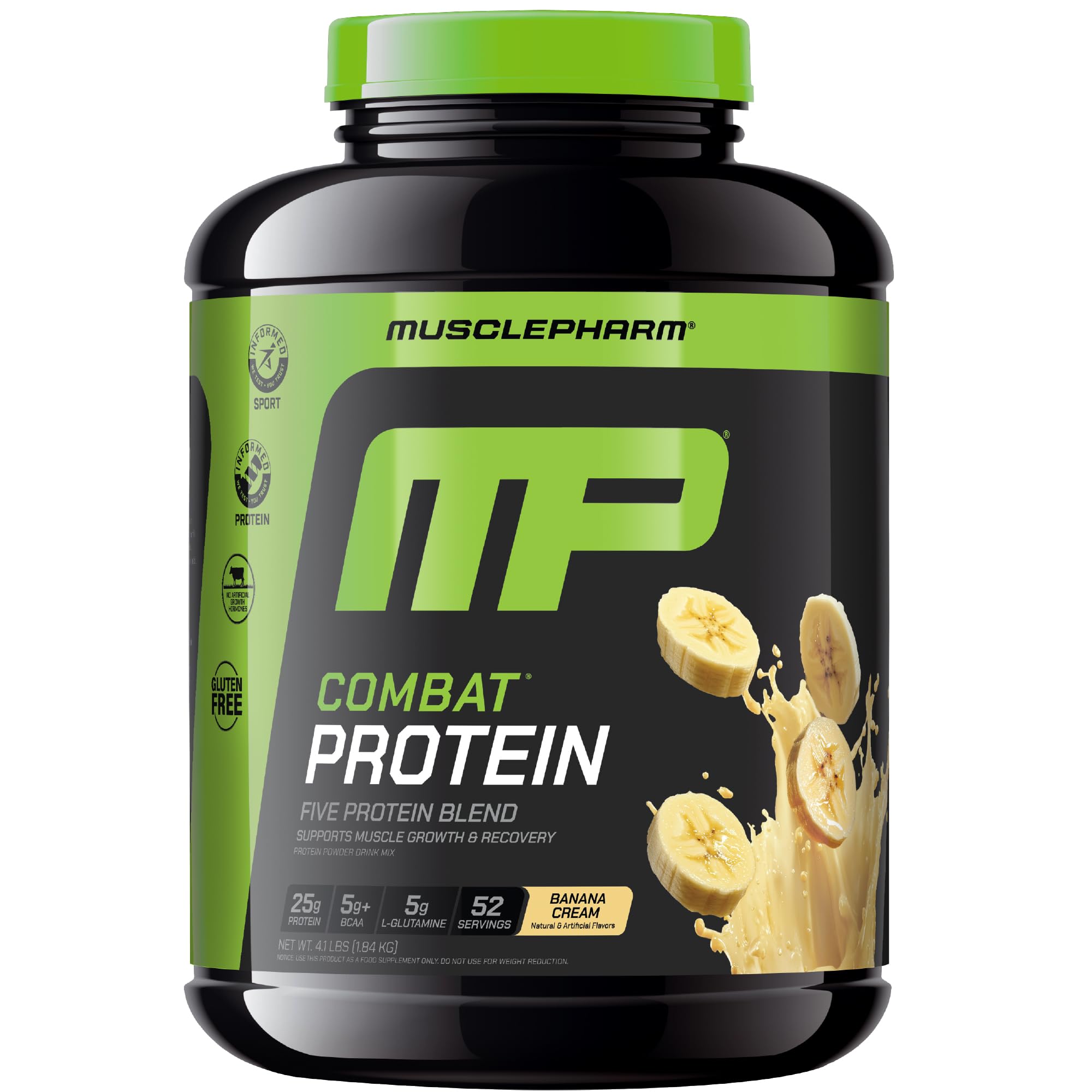 MusclePharm Combat Protein Powder - Banana Cream Flavor, 5 Protein Sources (Whey Isolate & Egg Albumin), Gluten Free, 4lb (52 Servings) - Post Workout Recovery & Muscle Growth Supplement for Athletes & Fitness Enthusiasts