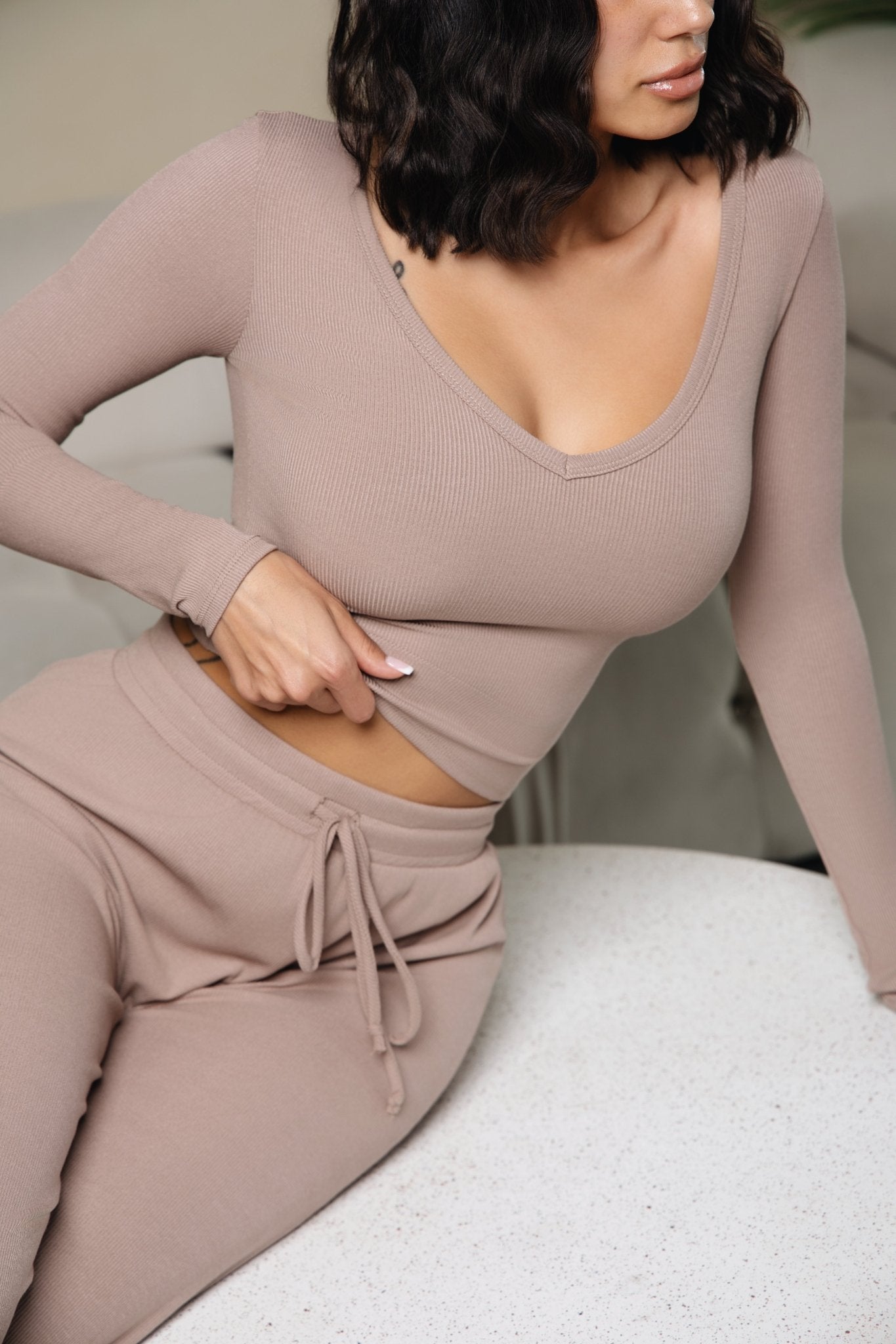 Almond Baby Rib Long Sleeve V-Neck Top for Women - Soft Stretchy Comfortable T-Shirt - Perfect for Casual Wear, Layering & Everyday Outfits