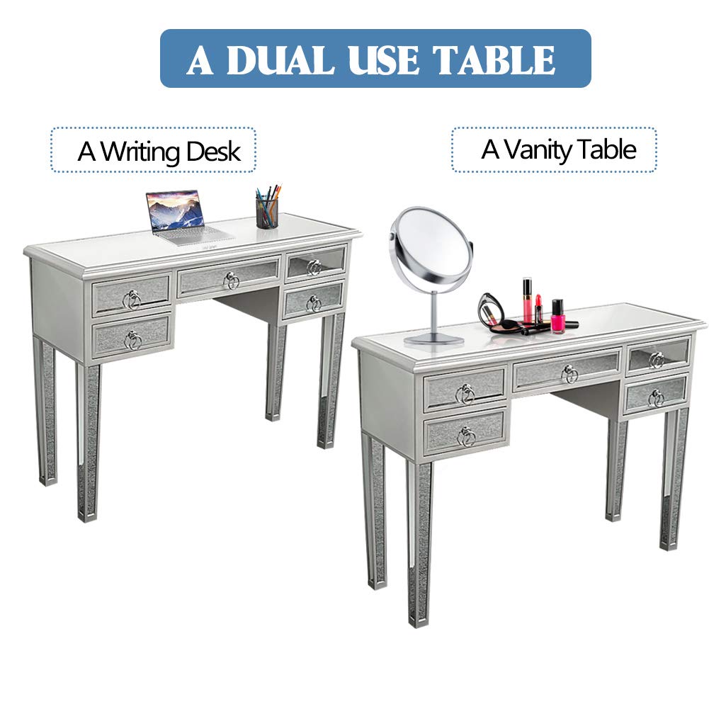 Silver Mirrored Console Table with 5 Drawers - Modern Makeup Vanity Desk & Writing Table for Bedroom, Living Room, Home Office | Perfect for Dressing, Studying, and Media Storage