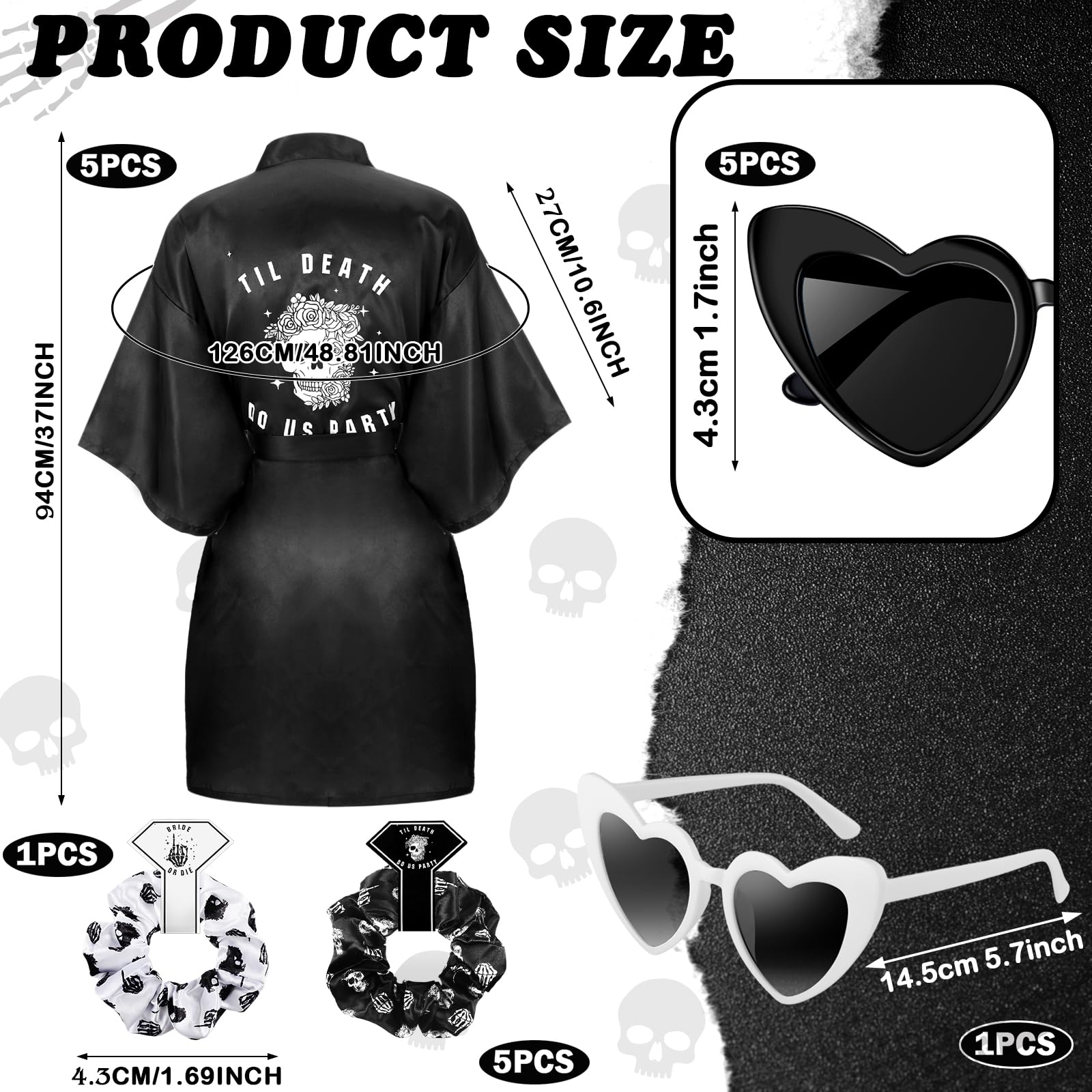 Domensi 24-Piece Bride or Die Bachelorette Party Decorations Set - Gothic Bridesmaid Robes, Skull Print Black & White Bridal Shower Gifts for Wedding Party, Halloween & Themed Celebrations