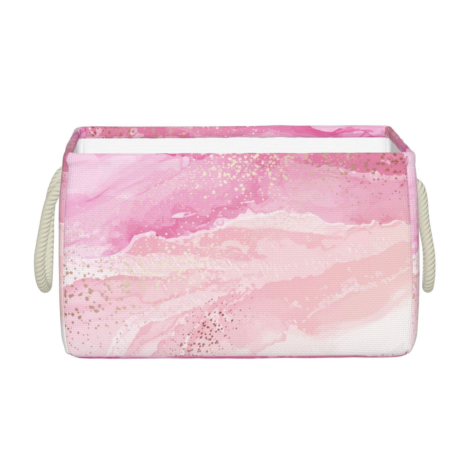 Pink Pastel Abstract Marble Fabric Storage Basket with Rope Handle - 15.7 x 11.8 x 9.8 Inch Shelf Bin Box for Toys, Books, Clothes - Perfect for Bedroom, Closet, Nursery and Bathroom Organization