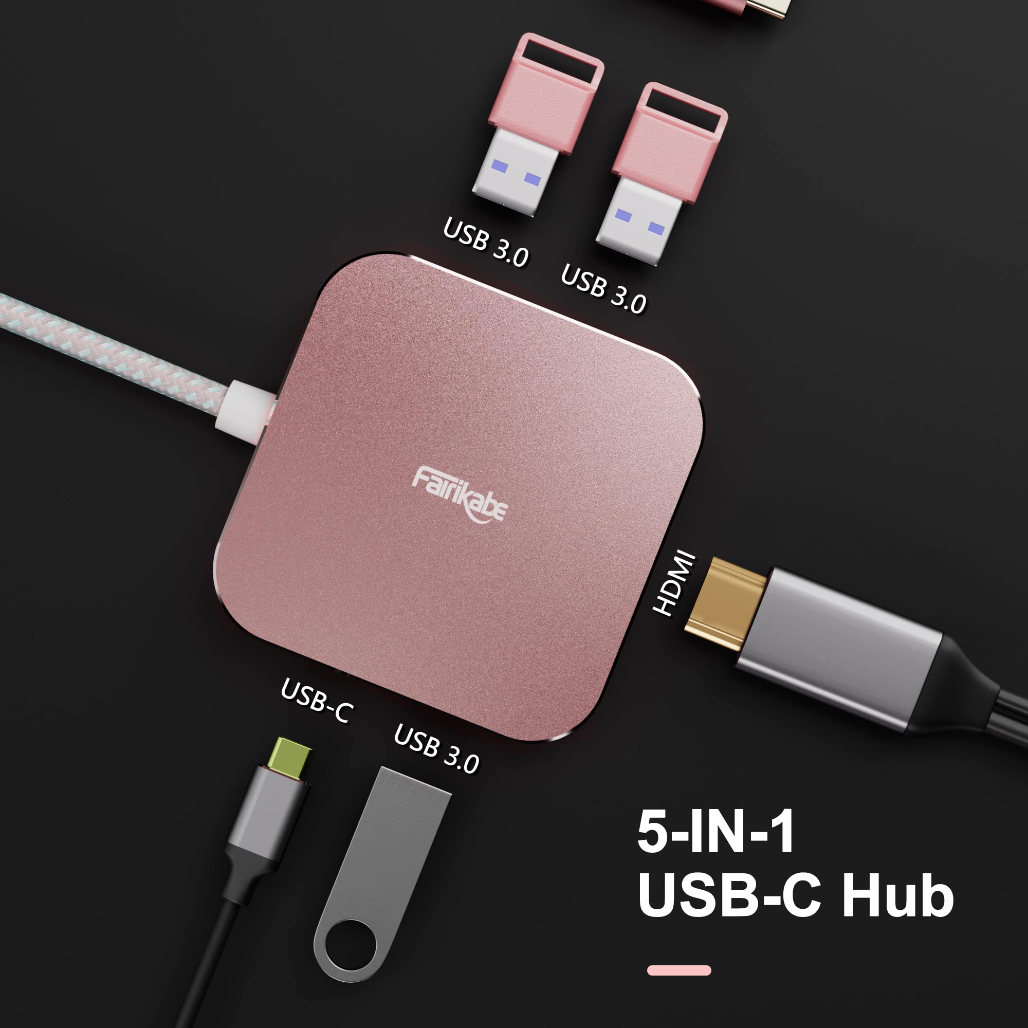 Fairikabe 5-in-1 USB C to HDMI Multiport Adapter with 4K HDMI, Power Delivery, 3 USB 3.0 Ports & 1.5FT Cable - Compatible with MacBook Air/Pro & USB-C DP Alt Mode Devices - Perfect for Home Office, Video Conferencing & Multi-Screen Setups