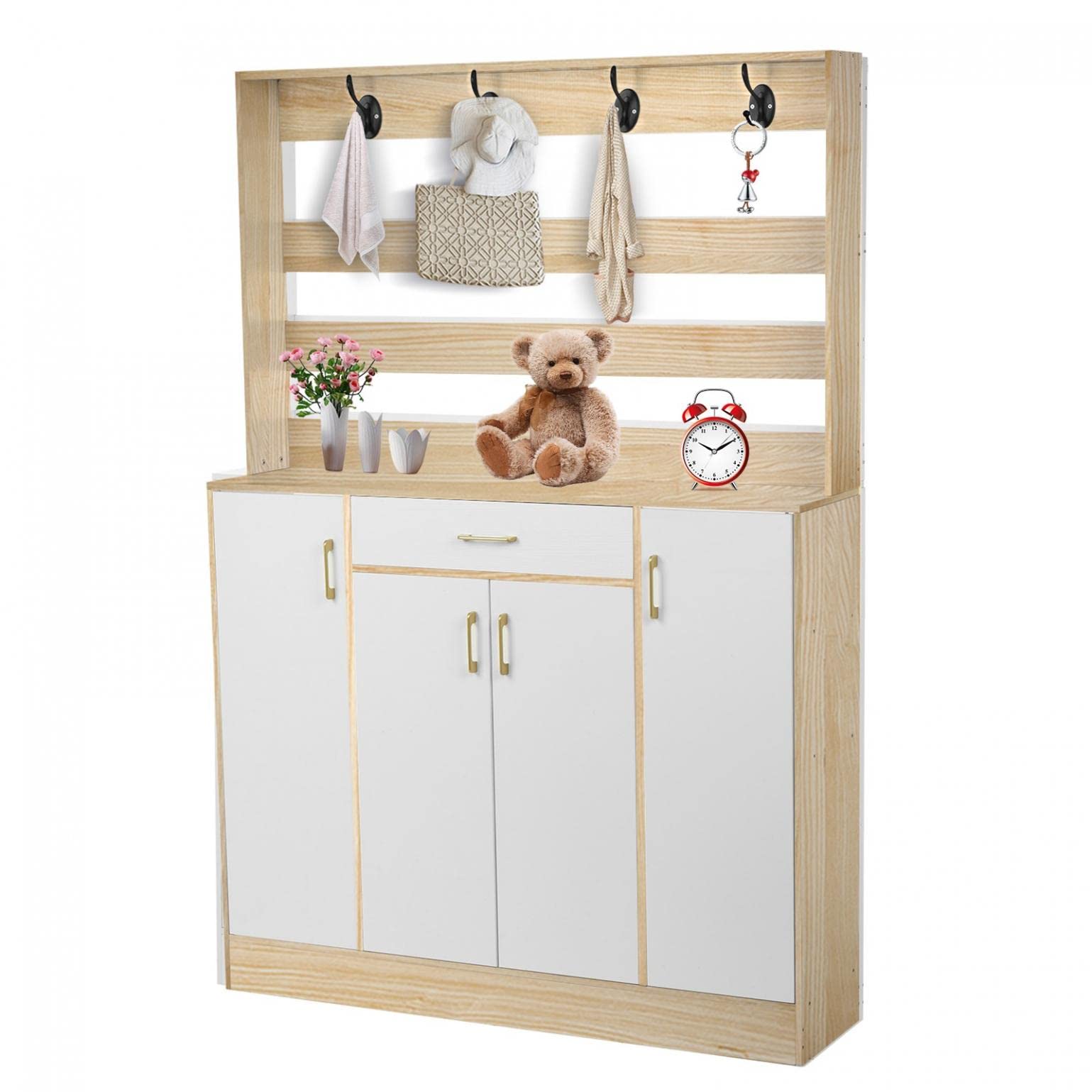 Freestanding Wooden Coat Rack with Shoe Storage - Entryway Bench with 3 Cabinets, 1 Drawer & Hooks | Space-Saving Hallway Organizer for Jackets, Shoes & Accessories | Perfect for Small Apartments, Mudrooms & Entry Closets