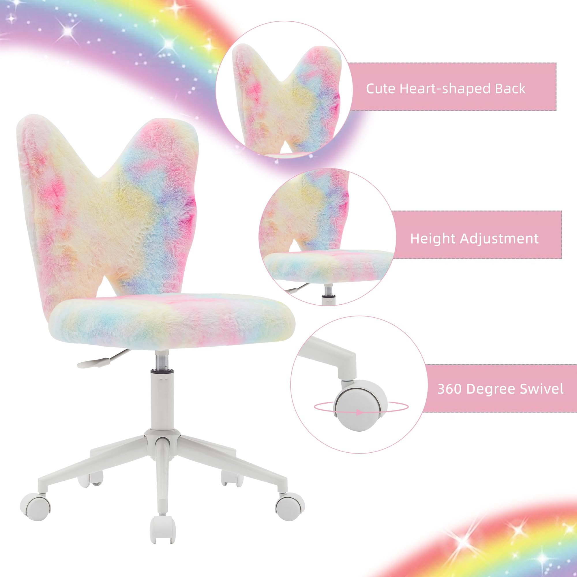 Adjustable Kids Desk Chair with Wheels - Ergonomic Swivel Computer Chair for Children, Soft Butterfly Shaped Back Support - Perfect Study Chair for Girls Bedroom, Homeschooling & Online Learning