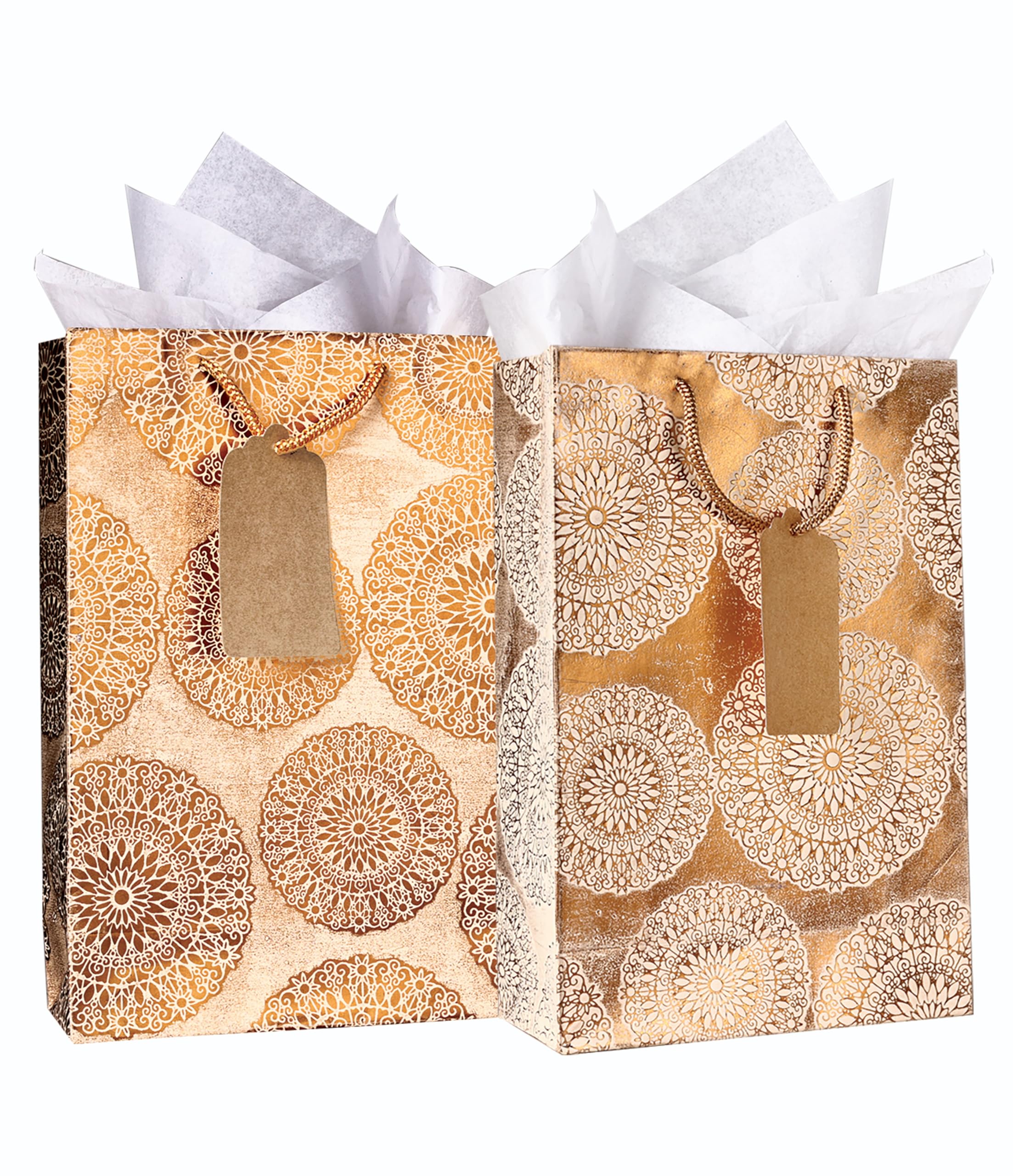Vintage Bronze Foil Gift Bags - Pack of 5 Small (7x3x10.5 Inches) with Tissue Paper & Thank You Card - Elegant Party Favor Bags for Baby Showers, Weddings, Birthdays & Holiday Gifting - Perfect for Return Gifts, Bridal Showers & Special Occasions