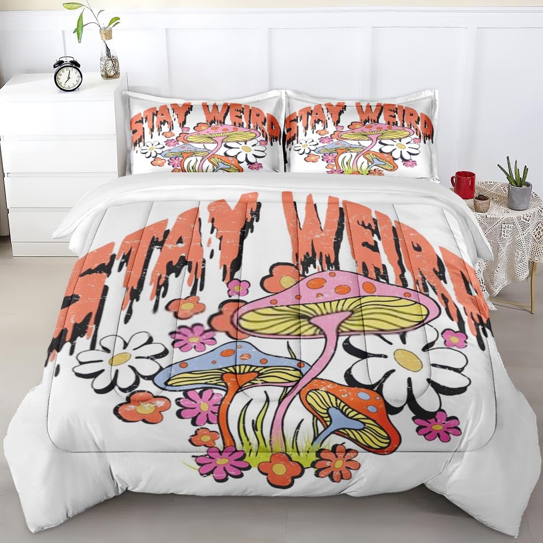 Psychedelic 70s Vintage Sun Comforter Set Twin Size - Hippie Flower Mushroom Bedding for Kids & Adults - Soft Microfiber Comforter with Matching Pillowcases - Perfect for Boho Bedroom Decor, Dorm Room, or Cozy Retreat