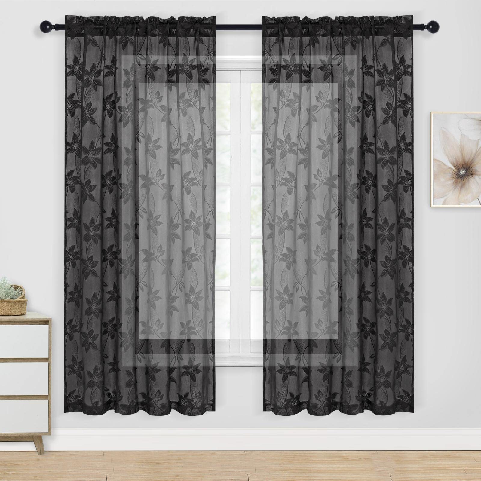 DWCN Floral Lace Sheer Curtains - 52x63 Inch Black Voile Window Drapes with Rod Pocket, Set of 2 Panels for Bedroom, Living Room & Kitchen - Light Filtering Privacy & Elegant Home Decor