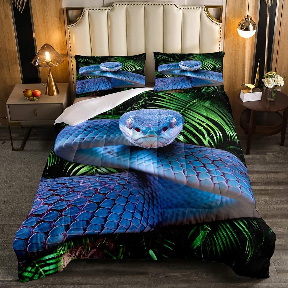 Erosebridal 3D Blue Snake Comforter Set Twin - Reptile Themed Duvet Cover with Scales Design, Palm Leaf Pattern Wild Animal Bedding for Kids, Boys, Teens & Adults - Perfect for Jungle Themed Bedroom Decor & Reptile Lover's Home