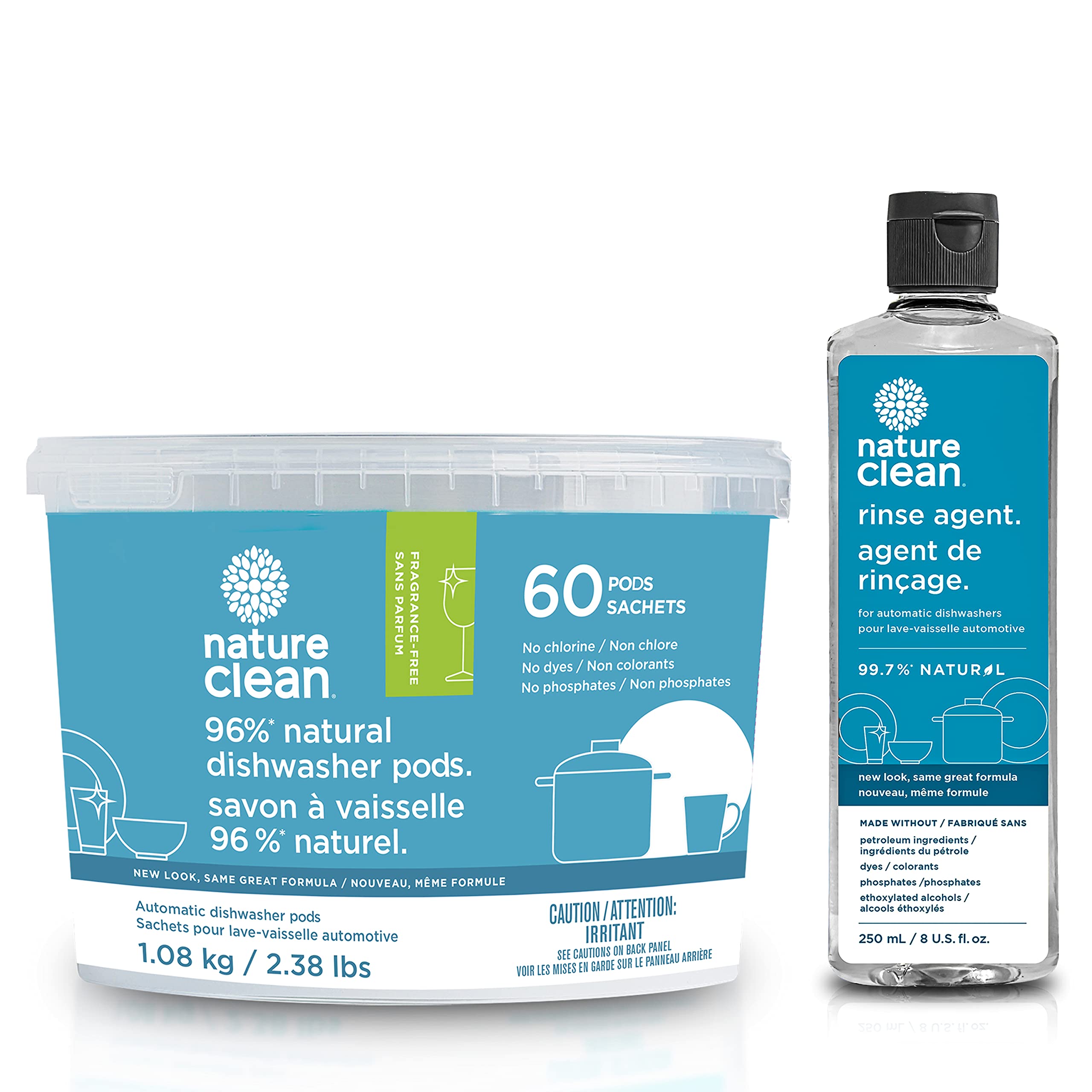 NATURE CLEAN Plant-Based Dishwasher Detergent Pods & Rinse Aid Set - Fragrance-Free, Organic, Eco-Friendly (60 Pods + 8oz) - Perfect for Sensitive Skin & Sustainable Kitchen Cleaning