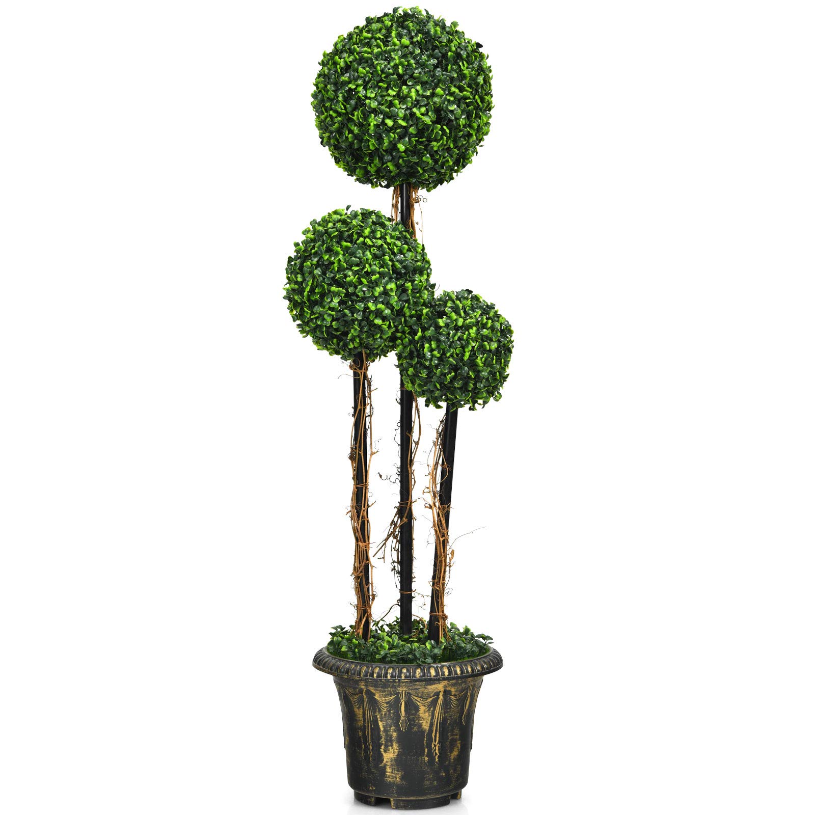 Goplus 4 Ft Artificial Boxwood Topiary Tree - Triple Ball Fake Greenery Plant with Realistic Leaves & Cement-Filled Plastic Pot - Indoor Outdoor Decorative Tree for Home, Office, Garden, Patio, Wedding Decor (4 Feet Tall)
