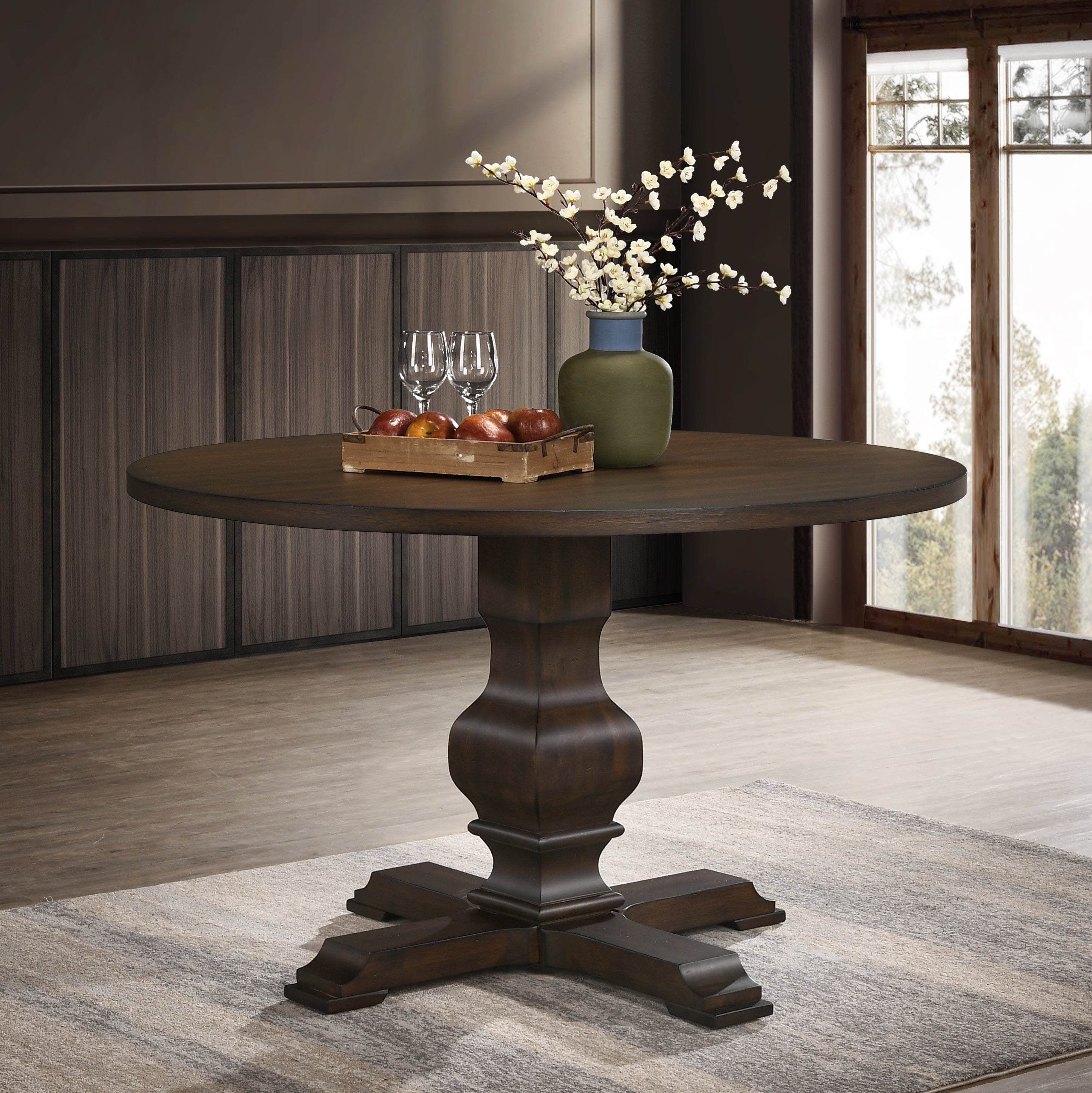 Roundhill Furniture Havre Espresso Finished Wood Pedestal Round Dining Table - 42 Inch Modern Farmhouse Kitchen Table for Dining Room & Breakfast Nook