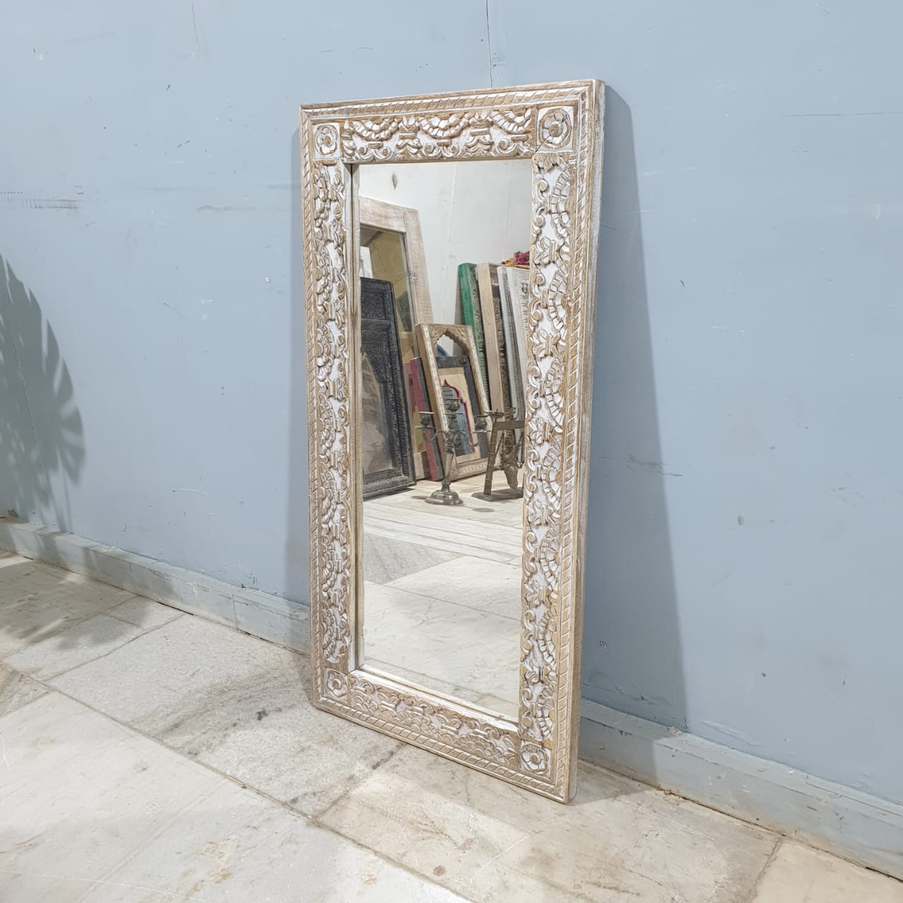 Handmade Indian Wooden Mirror Frame - Carved Whitewash Design 45x3x80cm - Boho Wall Decor for Bedroom, Living Room & Entryway