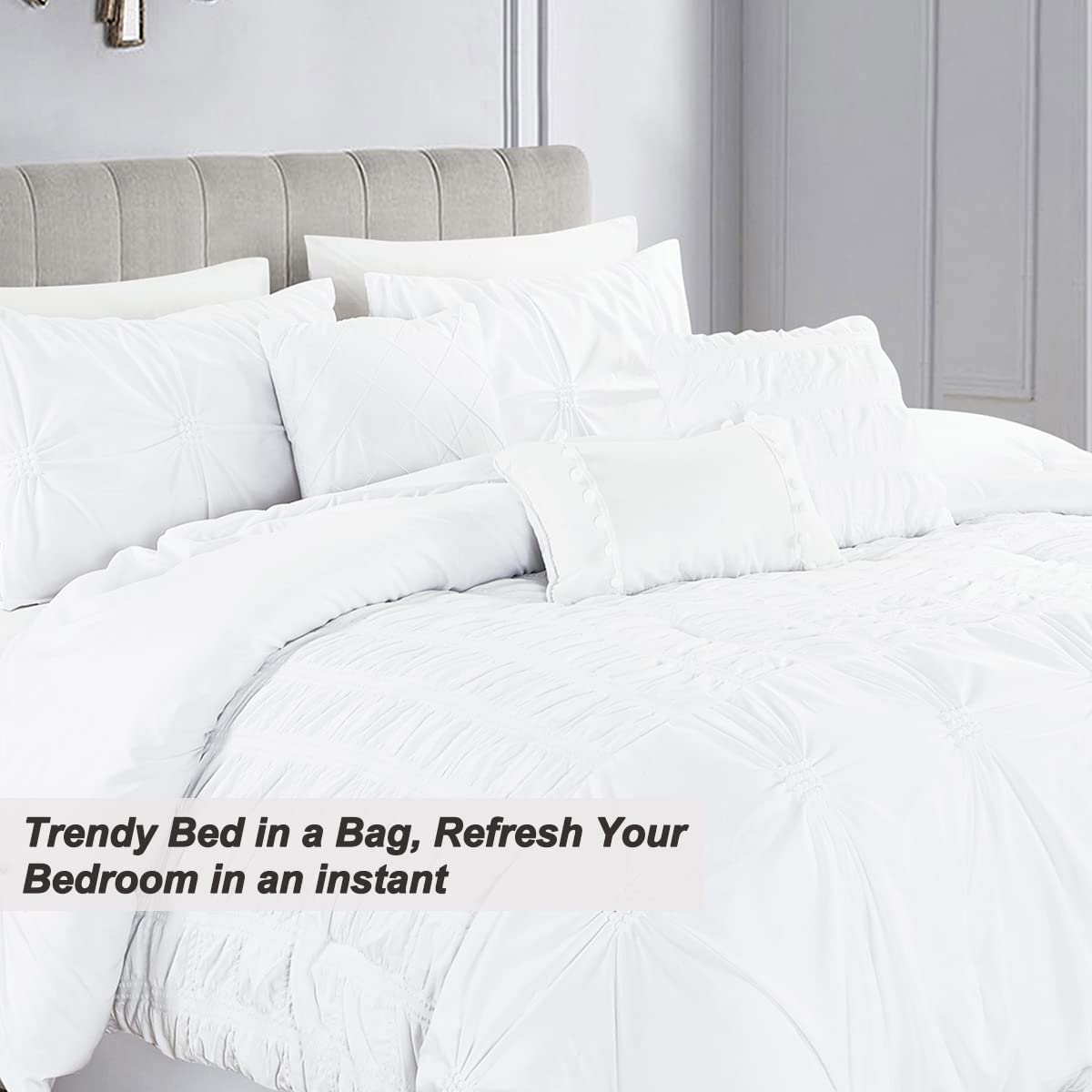 Premium California King Comforter Set - 7-Piece All-Season Bed in a Bag | Soft & Comfortable Bedding by MERRY HOME (White) | Perfect for Master Bedrooms, Guest Rooms & Cozy Nights