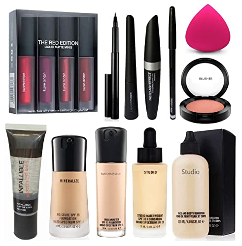 Eaglehunt Macc Combo Makeup Kit for Women & Girls - 15-Piece Set with Foundation, Eyeliner, Mascara, Eyebrow Pencil, Primer, Blusher & Puff (Red Edition) - Perfect for Everyday Makeup, Parties & Professional Use