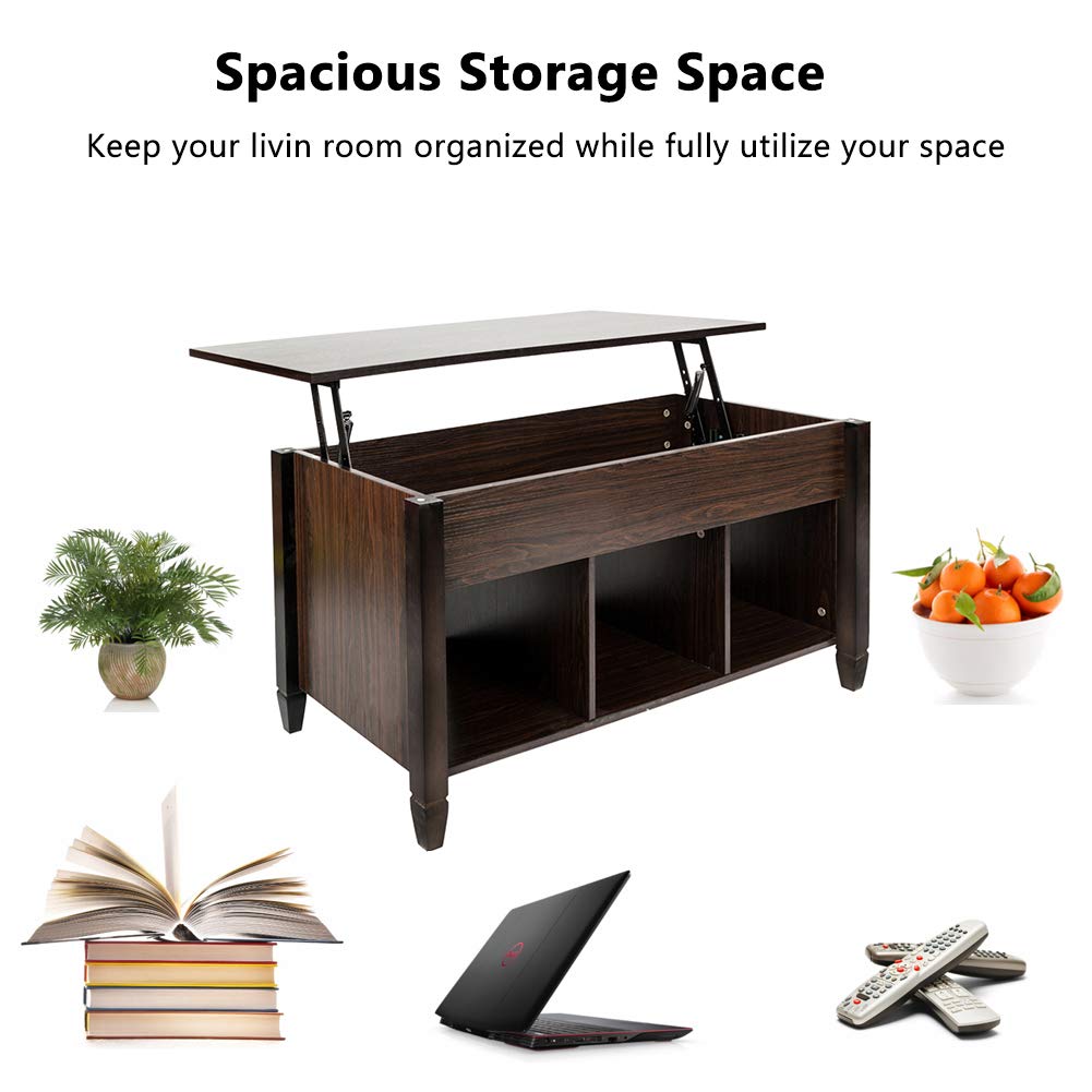 Modern Lift Top Coffee Table with Hidden Storage - Solid Wood Living Room Furniture, Convertible Desk & Organizer Shelf (Brown) - Perfect for Small Spaces, Home Office & Entertaining Guests