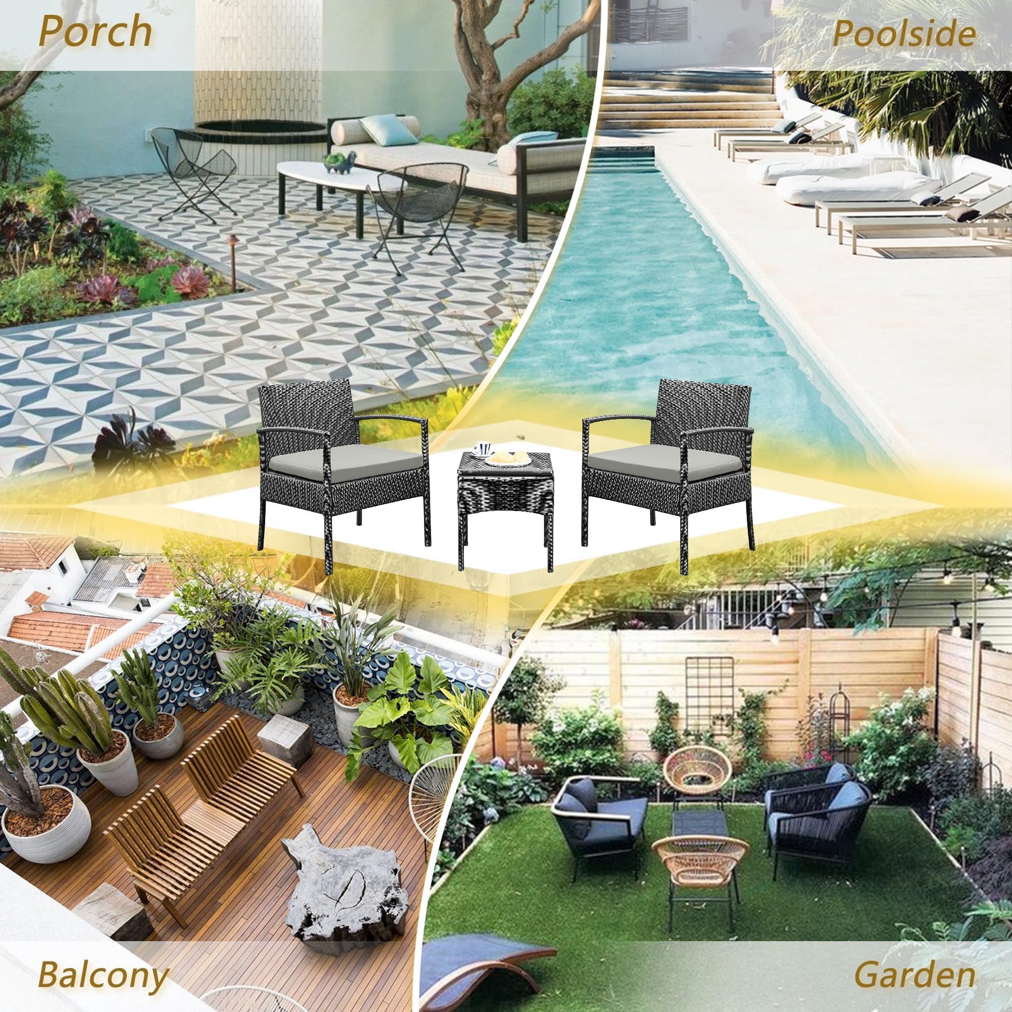 PROHIKER 3-Piece Patio Rattan Chair Set, Outdoor Wicker Conversation Furniture for Garden, Porch, Balcony & Yard - Gray - Perfect for Relaxing, Entertaining & Outdoor Dining