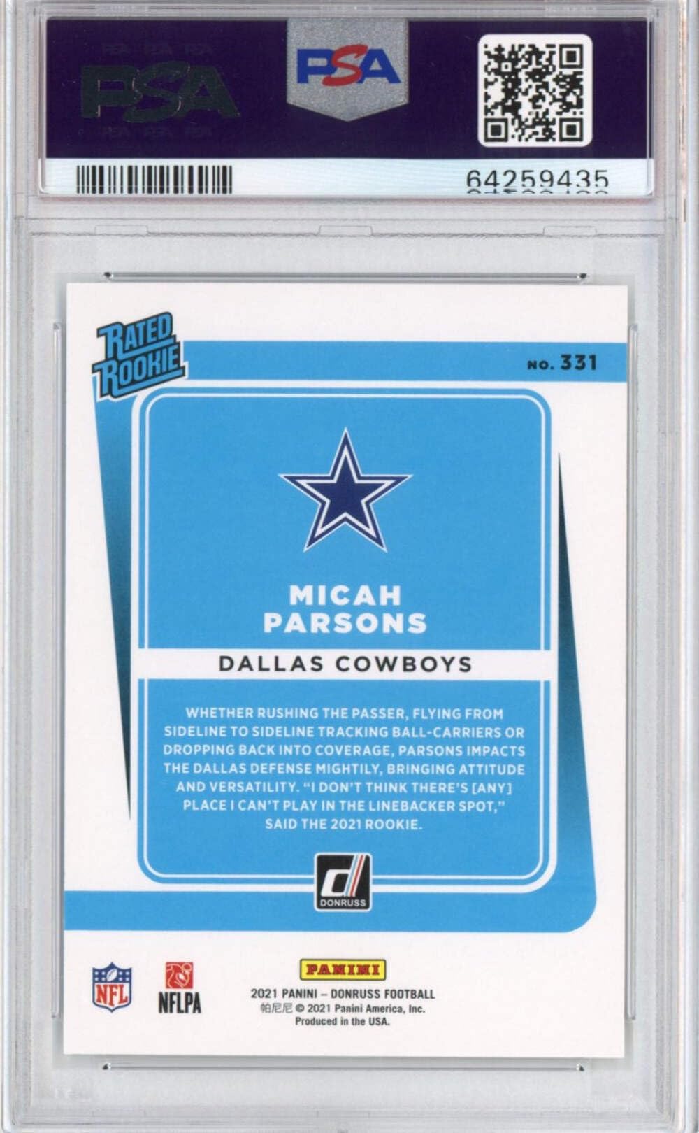 2021 Panini Donruss Micah Parsons #331 Rated Rookie RC Football Card PSA 10 Gem Mint - Rare Collectible for NFL Fans, Perfect for Sports Memorabilia Collections and Investment