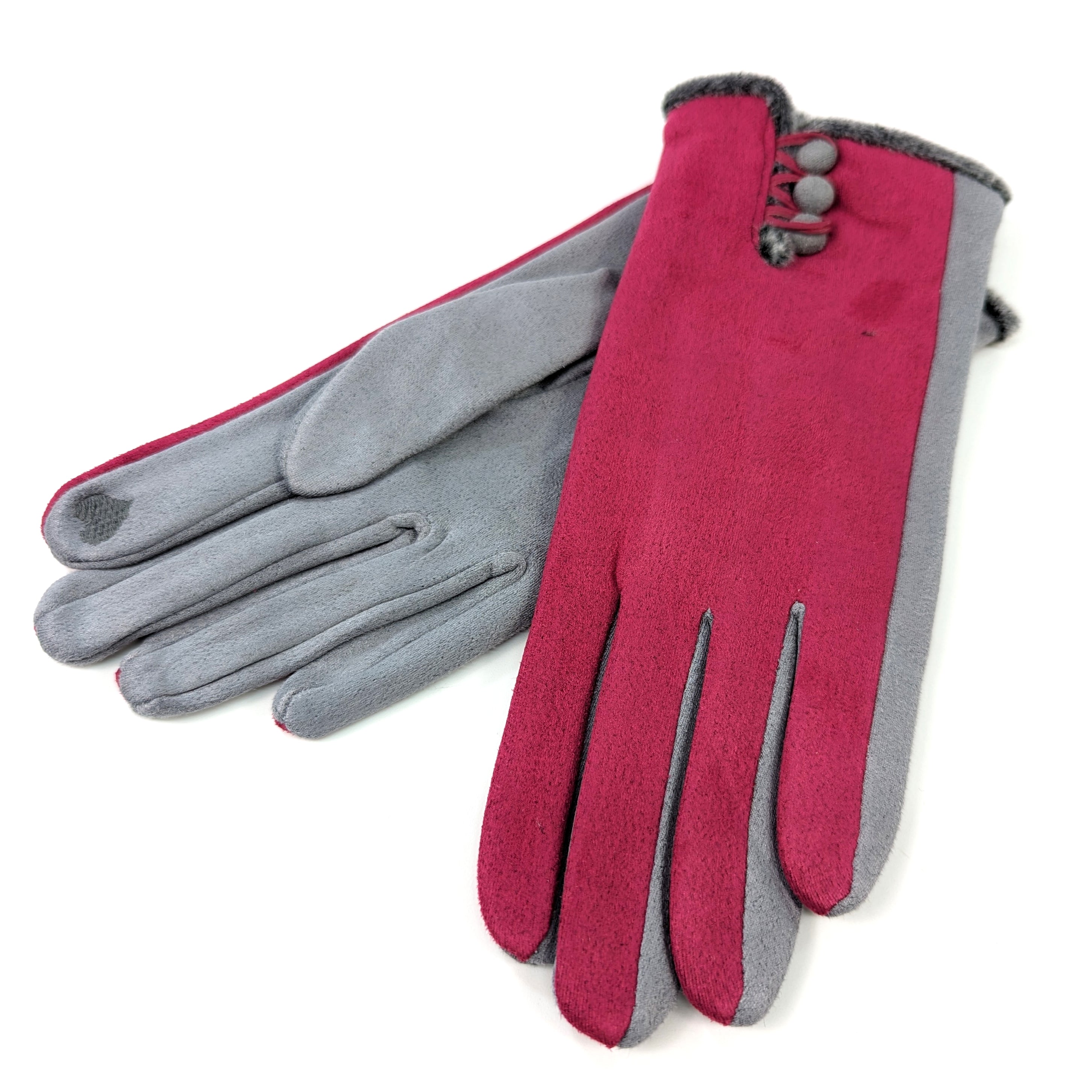 Bicolor Suede Effect Gloves with Faux Fur Trim - Pink & Grey Winter Fashion Accessories for Women | Perfect for Cold Weather, Outdoor Activities & Stylish Outfits