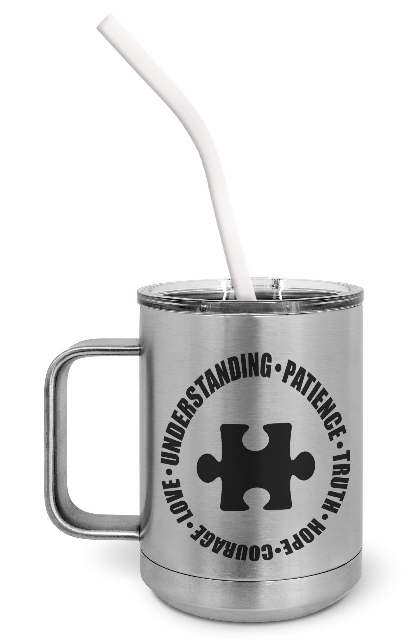 PixiDoodle Patience & Hope Autism Awareness Insulated Coffee Tumbler - 15oz Spill-Proof Travel Mug with Slider Lid & Silicone Straw (Silver) - Perfect for Hot/Cold Drinks at Home, Office or School
