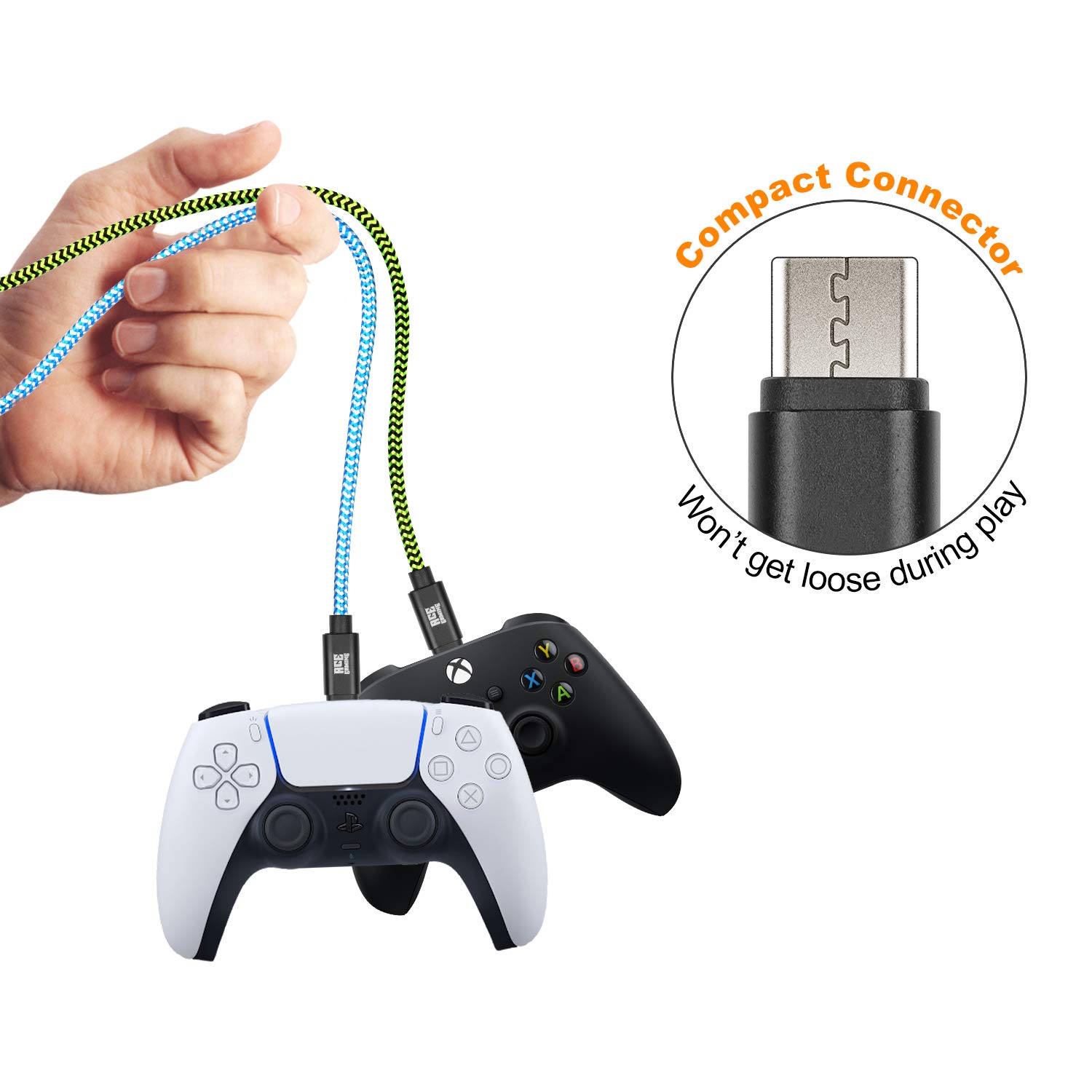 Premium 10ft Nylon Braided USB-C Fast Charging Cable for PS5 & Xbox Series X/S Controllers - Durable Gaming Charger with Data Sync - Perfect for Long Gaming Sessions & Couch Play