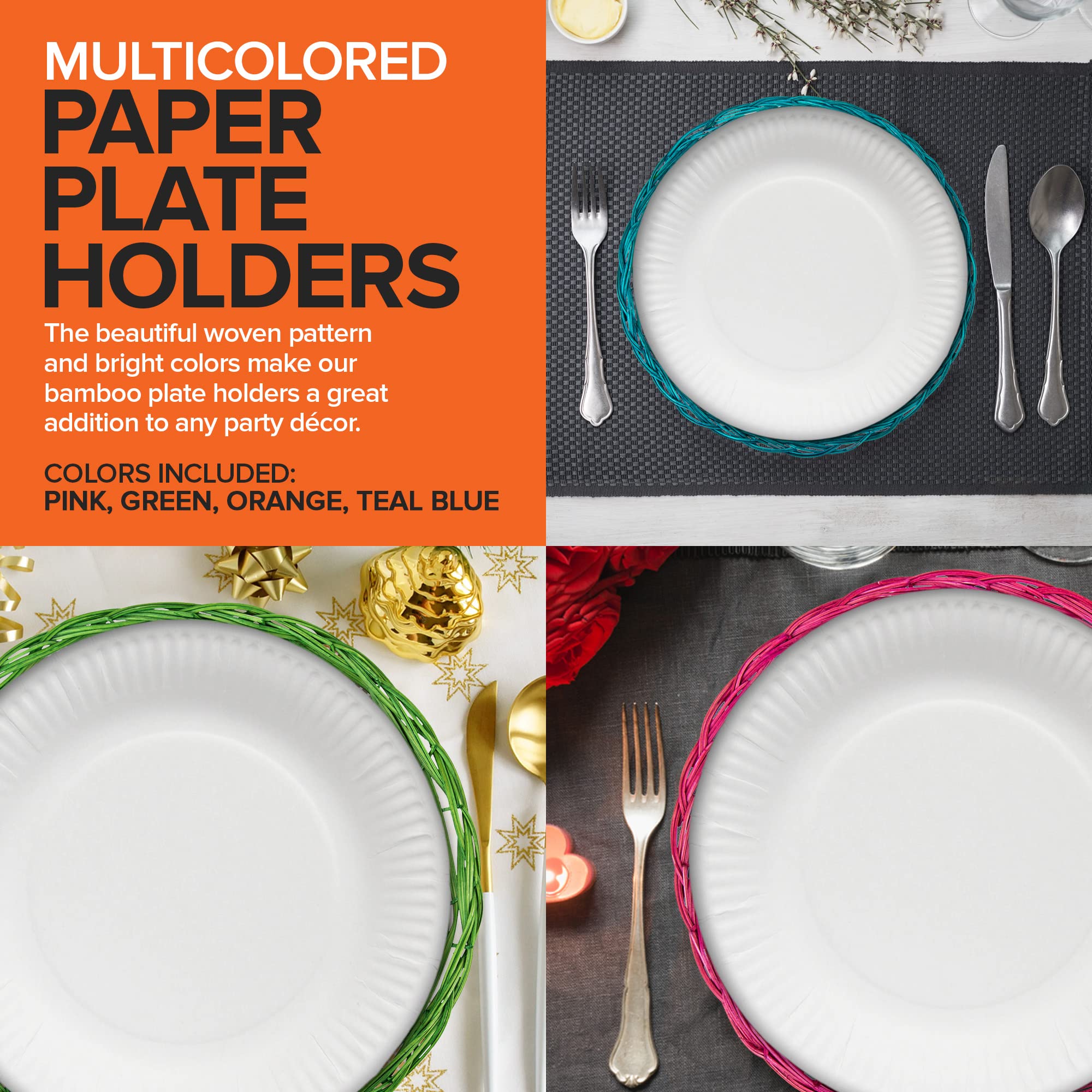 Stock Your Home 10-Inch Bamboo Paper Plate Holders (Set of 4) - Durable Wicker Reusable Charger Plates in Vibrant Colors - Perfect for Parties, BBQs, and Outdoor Dining