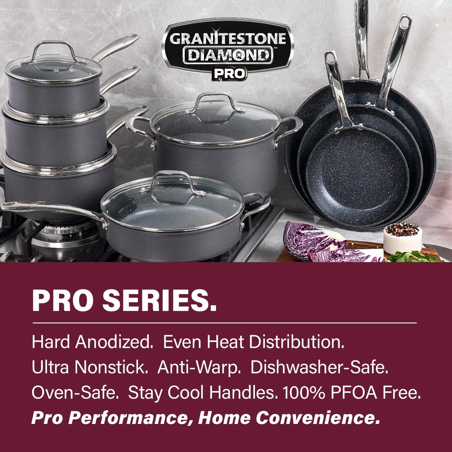 Granitestone Pro 20-Piece Nonstick Cookware and Bakeware Set - Hard Anodized Diamond Coating, Stainless Steel Cool-Touch Handles, Oven & Dishwasher Safe - Perfect for Home Cooking, Baking, and Family Meals